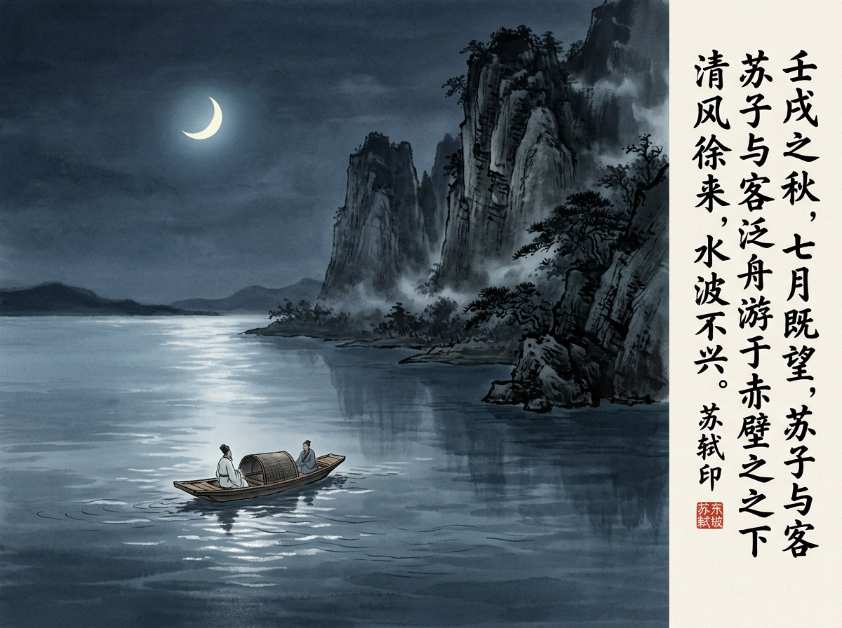 图中展现了一幅仿中国传统水墨画风格的夜景。画面左侧是一片静谧的湖面，一弯明月高悬在深蓝色的夜空中，月光在水面上洒下一条粼粼的波光。湖中漂浮着一只带篷的小木船，船头和船尾各坐着一位穿着古装的文人，正相对而坐。画面右侧是陡峭的黑色岩壁和几棵苍劲的松树，云雾缭绕在山间。图片最右侧有一块米白色的竖状区域，上面写着关于《赤壁赋》的简体中文书法文字。整幅画以冷调的青灰色为主，营造出一种宁静深远的意境。在 AI 生成的细节方面，存在明显的逻辑缺陷：画面中的月亮是向左弯的残月，但水面上的月光倒影却呈现出满月或强光源才有的宽阔长条状，与月相不符；此外，右侧文字虽然字迹清晰，但书法风格略显生硬，缺乏自然的水墨韵味，且文字排版与传统卷轴的留白习惯略有出入。