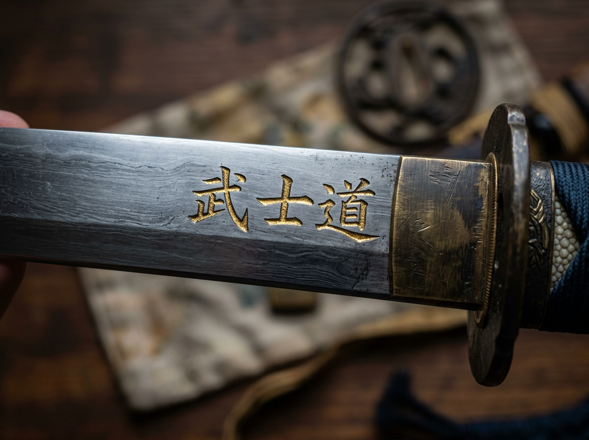 画面中特写了一把精致的日本武士刀局部，刀身横贯画面。刀刃呈现出大马士革钢特有的水波状纹理，中心位置刻有金色凹陷的繁体汉字「武士道」，字迹清晰且带有金属质感。刀柄处有古铜色的护手（镡）和缠绕着蓝色丝绳的柄卷，细节丰富，展现出一种古朴肃杀的美感。背景是模糊的木质桌面和一些零散的刀剑配件，整体色调沉稳，光影聚焦在刀身的刻字上。

在 AI 生成的细节方面，存在一些明显的逻辑缺陷：首先，画面左侧边缘出现了一截模糊的手指，但其形态不完整且位置突兀，像是凭空出现。其次，刀身上的「武士道」刻字虽然清晰，但字体的笔画结构略显僵硬，缺乏真实手工雕刻的自然神韵。最后，背景中的物体由于景深过浅，呈现出一种不自然的扭曲色块，缺乏真实的物理空间感。