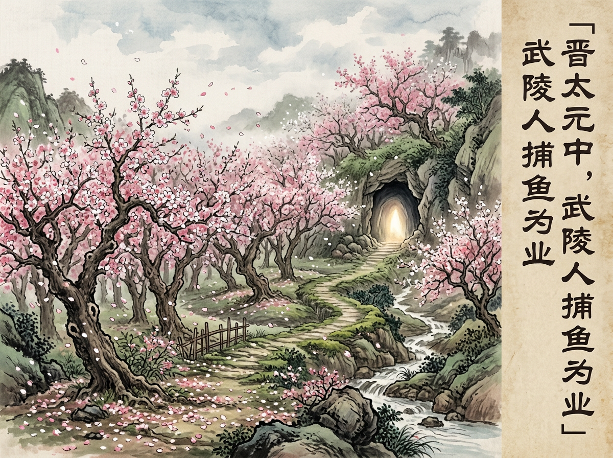 画面中呈现了一幅具有中国传统水墨淡彩风格的风景画，描绘了《桃花源记》中“林尽水源，便得一山”的意境。画面左侧和中部是繁茂的粉色桃林，花瓣随风飘落，地面铺满落红。一条蜿蜒的石阶小径穿过桃林，通向右侧山壁上的一个神秘山洞，洞口散发出温暖的白光。小径旁有一条清澈的溪流顺着山石流淌。画面右侧有一块泛黄的古风边框，竖排书写着黑色的简体中文字：“「晋太元中，武陵人捕鱼为业」”。

在 AI 生成的细节方面，存在一些明显的逻辑与视觉缺陷：文字部分出现了严重的重复，同一句话被上下排列了两遍，且字体风格略显生硬。在绘画元素上，左下角的木栅栏结构混乱，线条交错不自然；远处的山脉与云雾衔接处略显模糊，部分桃树的枝干生长方向违背自然规律，呈现出随机的扭曲感。整体构图虽然优美，但笔触细节上缺乏传统水墨画的严谨层次。