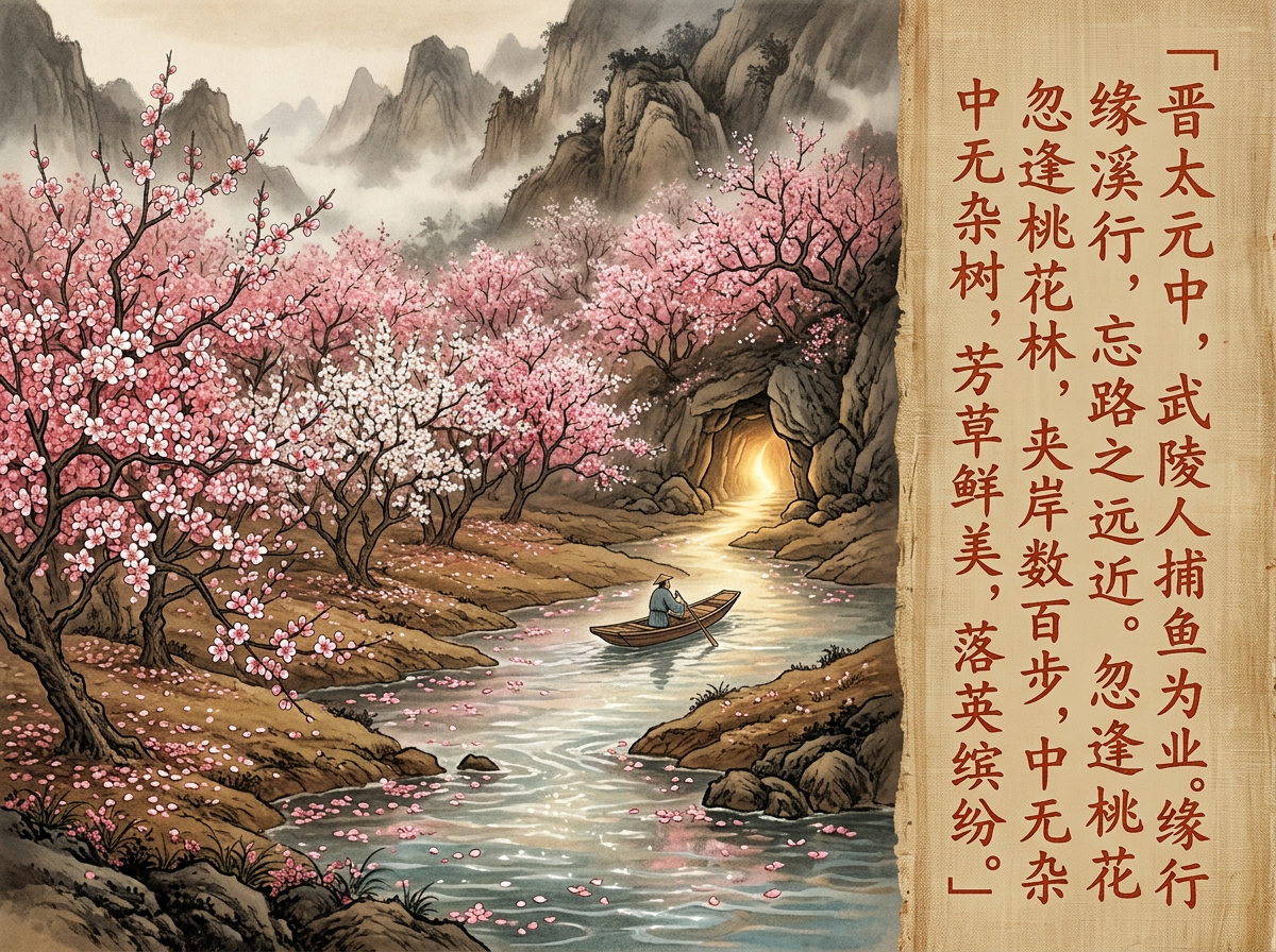 图中展现了一幅具有中国传统水墨画风格的《桃花源记》意境图。画面左侧和中部是漫山遍野盛开的粉色桃花林，花瓣随风飘落在蜿蜒的溪流中。溪水清澈，泛着粼粼波光，一叶扁舟载着一位戴斗笠的渔人正划向山壁间一个散发着温暖金光的神秘洞口。背景是层峦叠嶂的远山，云雾缭绕，色调典雅。画面右侧有一块泛黄的古朴卷轴，上面用红色楷体书写着《桃花源记》的开篇文字。

在 AI 生成的细节方面，存在一些明显的逻辑缺陷：首先，渔人手中的船桨与水面的接触点透视不自然，桨柄似乎直接插在水里而没有正确的受力感；其次，溪流中散落的花瓣分布过于均匀且形状略显机械重复；最明显的错误在于右侧的文字，虽然大体可读，但部分汉字的笔画结构存在扭曲和粘连，并非标准的书法字体。此外，远景山脉的线条与近景桃花的精细度在衔接上略显生硬。