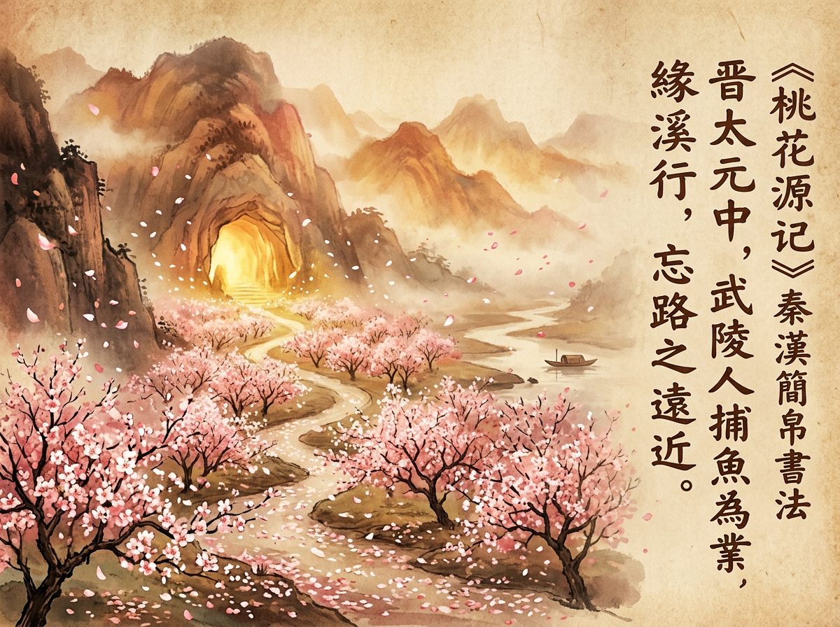 图中展现了一幅具有中国传统水墨画风格的《桃花源记》意境图。画面整体色调偏向古朴的淡黄色，仿佛绘于陈旧的宣纸之上。左侧描绘了层峦叠嶂的山峰，山脚下有一座散发着温暖金光的山洞，一条铺满粉色花瓣的小径蜿蜒通向洞口。小径两旁簇拥着繁茂的粉色桃花树，落英缤纷，随风飘向远方。右侧是一条静谧的河流，水面上漂浮着一叶孤舟。画面右方竖排书写着黑色的繁体中文字，内容引用自《桃花源记》。

在 AI 生成的细节方面，存在一些明显的逻辑与透视缺陷：首先，右侧的文字排版虽然整齐，但文字内容与画面意境虽合，其笔画细节在放大后显得略微生硬，缺乏真实书法的灵动感。其次，河面上的小船比例偏小，且与水面的衔接处缺乏自然的倒影或波纹。此外，山洞中透出的强光与周围山体的阴影逻辑不完全一致，部分飘浮的花瓣在空中分布过于均匀，显得有些刻意。