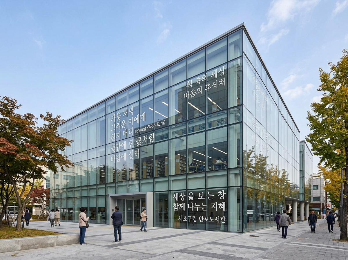 图中展示了一座现代化的多层玻璃幕墙建筑，看起来像是一座公共图书馆。建筑整体呈立方体结构，外墙由大面积的透明玻璃和浅灰色金属框架组成，玻璃上印有白色的韩文字体。阳光明媚，天空呈现淡蓝色并带有轻微的云影。建筑前方是一个宽阔的灰色石材铺装广场，几名行人正零散地走动或驻足，他们穿着休闲的秋季服装。画面左侧和右侧种植着带有秋意的树木，叶片呈现出绿色、黄色和红褐色的渐变。

从 AI 生成的角度来看，画面存在一些明显的逻辑缺陷：首先，玻璃上的韩文字体在转角处和反射中显得不够自然，部分笔画与内部结构重叠。其次，广场上的行人比例和透视略显违和，例如左侧站立的女性和中间行走的男性，其脚部与地面的接触感较弱，显得有些漂浮。此外，建筑内部的灯管和书架线条在透过玻璃观察时出现了轻微的扭曲和断裂，背景中远处的建筑细节也显得模糊且结构含混。