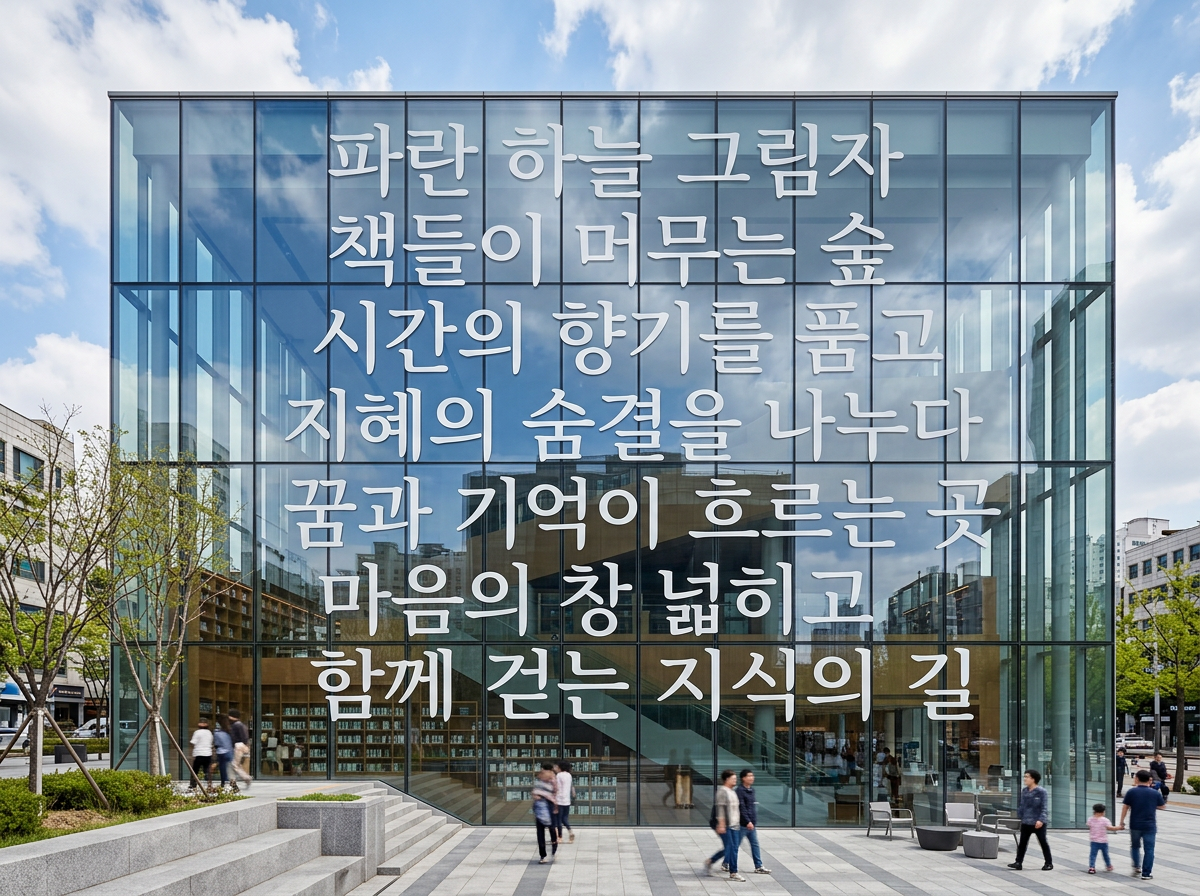 画面中展示了一座宏伟的现代化玻璃幕墙建筑，很可能是一座图书馆或文化中心。建筑主体由巨大的透明玻璃方块组成，倒映着蓝天白云，内部隐约可见整齐的木质书架和楼梯。玻璃外墙上悬浮着七行巨大的白色韩文字体，内容富有诗意。地面是开阔的灰色石材广场，几名行人正悠闲地走过。左侧有一些绿植和台阶，背景是城市的其他楼宇。

这张图片具有明显的 AI 生成缺陷：首先，玻璃上的韩文字体虽然清晰，但部分笔画与玻璃框架的遮挡关系不自然，像是直接贴在表面的图层。其次，画面下方的行人在细节上存在严重扭曲，例如最右侧牵手的人影腿部线条模糊且结构异常，中间走动的行人面部特征缺失，且身体比例略显僵硬。此外，玻璃反射的内部结构与透视逻辑在边缘处略显混乱，缺乏真实建筑的物理厚度感。