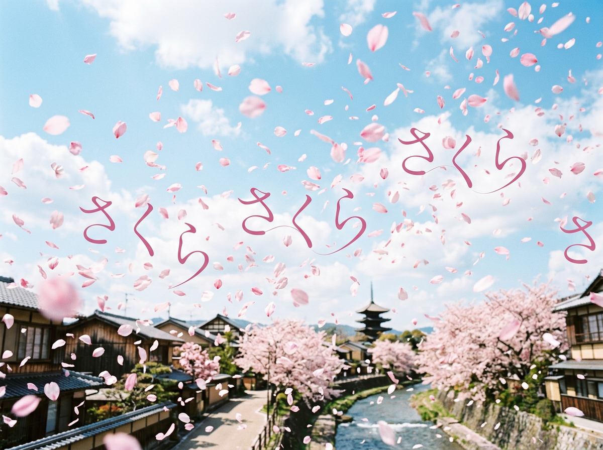 图中展现了一幅充满春意的日本京都风情画卷。画面采用俯瞰视角，湛蓝的天空中飘浮着洁白的云朵，无数粉色的樱花瓣如雨点般在空中纷飞，营造出梦幻的氛围。背景中，一条清澈的小溪穿过古朴的木制町屋建筑群，两岸开满了盛放的粉色樱花树，远处可见一座标志性的黑色五重塔。画面中央悬浮着几组粉红色的日文平假名“さくら”（意为樱花），字体纤细且带有艺术化的曲线。作为一张 AI 生成的图片，其缺陷较为明显：空中的花瓣分布过于均匀且缺乏自然的透视感，部分花瓣看起来像是直接粘贴在镜头前的贴纸；远处的五重塔结构略显模糊，与周围建筑的比例衔接不够自然；最右侧的文字被画框截断，且文字的阴影与环境光影方向不完全一致。整体色调明亮清新，给人以宁静而唯美的视觉感受。