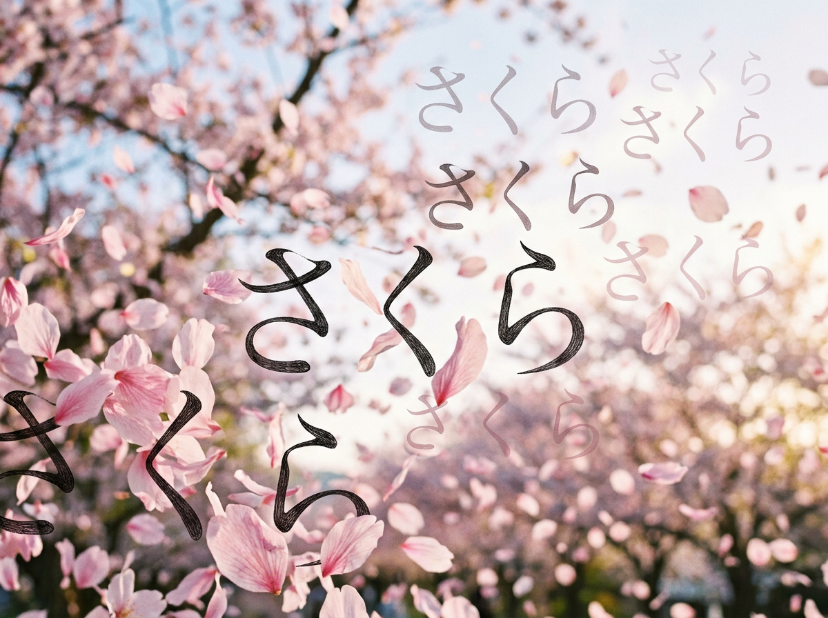 画面中呈现了一幅充满春意的樱花盛开景象。背景是繁茂的粉白色樱花树，花朵簇拥在枝头，阳光从右上方洒下，营造出明亮且柔和的氛围。天空中飘落着大量粉色的花瓣，增加了画面的动感。画面中心和四周散布着多组日语平假名「さくら」（樱花），字体大小不一，颜色从深黑色到半透明的淡粉色不等，仿佛随风起舞。

在 AI 生成的细节方面，存在明显的逻辑缺陷：画面中的花瓣形状不规则，部分花瓣直接与文字笔画融合，缺乏自然的物理遮挡关系。文字的排列显得较为杂乱，部分笔画在边缘处出现了不自然的断裂或模糊。此外，背景中的枝干结构模糊不清，花朵的形态呈现出一种重复且缺乏生物细节的纹理感，透视关系也因过度虚化而显得有些平面化。