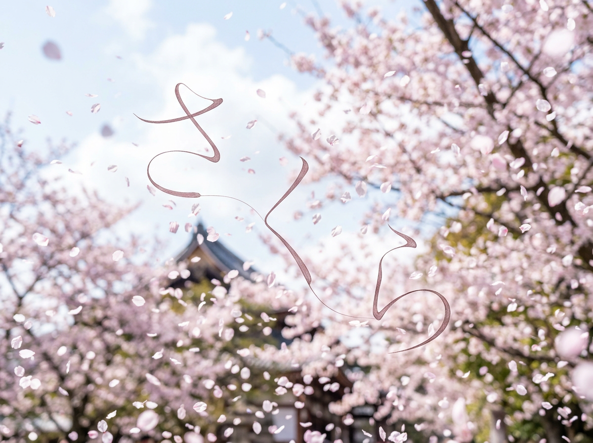 画面中展现了一幅充满春意的樱花盛开景象。背景是淡蓝色的天空和几朵轻柔的白云，画面中心偏下位置隐约可见一座古朴的日式建筑屋顶。成片的樱花树呈现出柔和的粉白色，无数花瓣在空中轻盈飞舞，营造出一种“樱花雨”的浪漫氛围。画面中央悬浮着用纤细线条勾勒出的日文假名“さくら”（意为樱花），笔触优雅且带有淡淡的金属质感。

在 AI 生成的细节方面，存在一些明显的逻辑缺陷：首先，画面中飞舞的花瓣分布过于均匀且密集，部分花瓣的形状显得生硬，缺乏自然的重力感和透视变化。其次，背景中的日式建筑线条模糊且结构不完整，与前景的清晰度不匹配。最显著的问题是中央的日文字体，虽然笔画流畅，但线条之间出现了不自然的断裂和极细的连接线，不符合真实的文字书写逻辑，呈现出一种漂浮的丝线感。整体构图虽然唯美，但光影处理略显平淡。