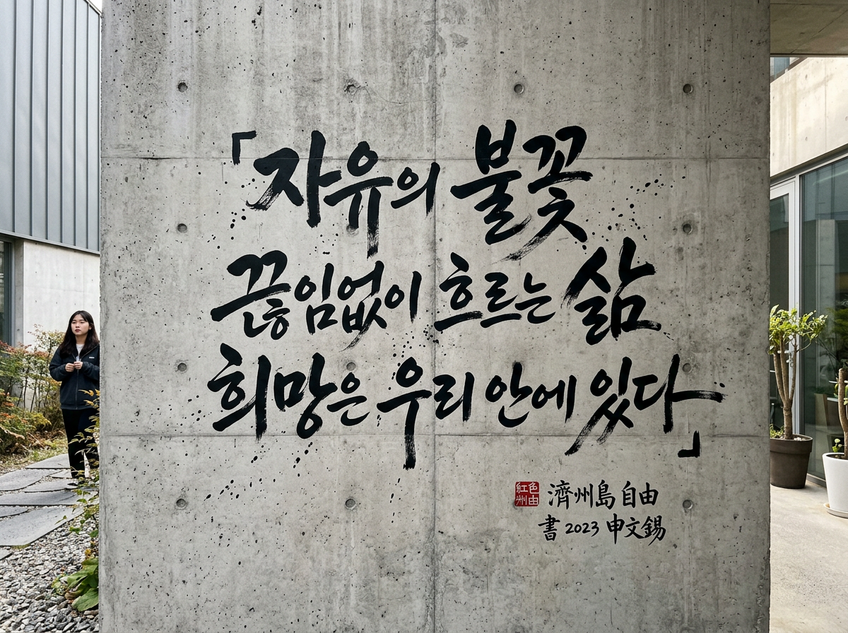 画面中是一面灰色清水混凝土质感的墙壁，墙上书写着醒目的黑色韩文书法。书法风格苍劲有力，带有明显的墨迹喷溅效果，右下角配有红色印章以及“济州岛自由”等汉字落款。墙壁左侧背景中，一名年轻女性正站在铺有石板的小径上，背景呈现出简约的现代建筑风格与少量绿植。

这张图片具有明显的 AI 生成痕迹。首先，墙上的韩文字形虽然美观，但部分笔画结构不符合真实的韩文书写逻辑，显得有些杂乱。其次，右下角的汉字款识存在明显的逻辑错误，“济”字为繁体，“岛”字为简体，且“申文錫”等字迹模糊扭曲。最显著的缺陷在于左侧的人物，女性的手部结构模糊不清，呈现出一种融化的粘连感，且双脚与地面的接触位置透视关系生硬，显得非常不自然。此外，墙面上的圆形孔洞分布过于规律且质感单一，缺乏真实建筑的自然瑕疵。