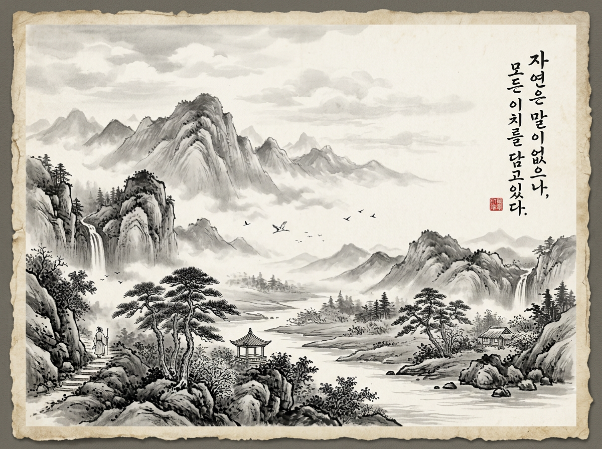 画面中呈现的是一幅仿古风格的水墨山水画，整体色调以黑、白、灰为主，纸张边缘带有泛黄的陈旧质感和不规则的撕裂纹理。构图采用传统的远近透视，左侧近景处有一位拄着长杖的行者正走在石阶上，身旁是苍劲的松树和嶙峋的怪石。中景处有一座精致的凉亭坐落在水边，远处则是连绵起伏、云雾缭绕的群山，山间可见几叠飞流直下的瀑布，天空中点缀着几只飞鸟。画面右侧上方写有两列黑色的韩文书法，并配有一枚红色的方形印章。

作为 AI 生成的图像，画面存在一些逻辑和细节上的瑕疵：左侧行者的身体比例略显僵硬，手持的长杖与手臂的连接处不够自然；远处的瀑布水流在汇入河流时缺乏合理的透视过渡，显得有些突兀；此外，天空中飞鸟的形态较为简化，部分线条出现了断裂或模糊，与整体细腻的笔触略有不符。尽管如此，整幅画作依然较好地模拟了传统水墨画的意境。