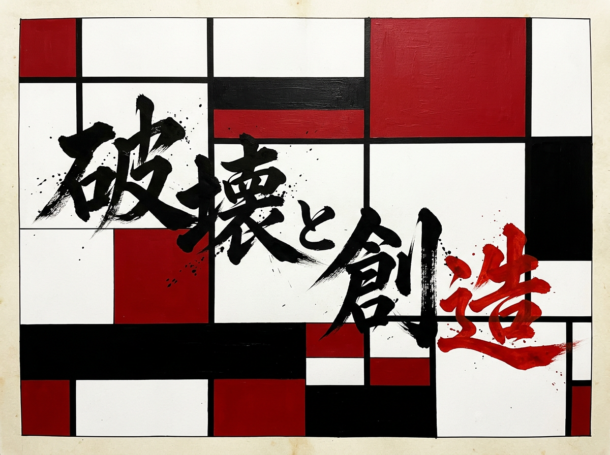 图中展示了一幅结合了现代抽象几何与传统书法风格的艺术作品。背景模仿了蒙德里安式的构图，由粗细不一的黑色直线划分为多个矩形色块，填充颜色以大面积的白色、深红色和黑色为主，呈现出强烈的视觉对比和秩序感。画面中央横向书写着日文汉字“破壊と創造”（破坏与创造），字体采用了苍劲有力的毛笔书法风格，带有明显的飞白和墨滴飞溅效果。前三个字和中间的助词为黑色，最后一个“造”字则特别使用了鲜艳的红色，形成了视觉上的重点。

作为 AI 生成的图像，画面存在一些逻辑和细节上的瑕疵：背景的黑色线条在交叉处并不完全平直，部分色块的边缘出现了不自然的溢色或晕染。最明显的缺陷在于文字结构，“壊”字的右半部分笔画杂乱且不符合常规写法，“創”字的左侧结构也显得过于拥挤和扭曲，暴露出 AI 在处理复杂汉字结构时的局限性。此外，纸张边缘的泛黄效果分布过于均匀，显得不够自然。