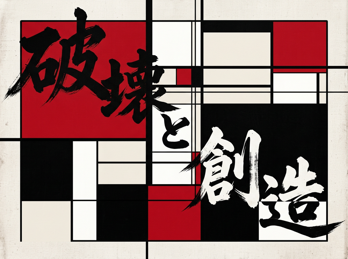 图中展示了一幅结合了蒙德里安风格几何抽象与东方书法艺术的平面设计作品。背景由粗细不一的黑色直线交织成网格，填充了鲜艳的正红色、纯黑色和米白色色块，呈现出强烈的现代主义视觉冲击力。画面中央斜向排列着毛笔书写的日语汉字“破壊と創造”（破坏与创造），字体苍劲有力，带有明显的飞白笔触。左上角的“破坏”二字为黑色，右下角的“创造”二字则转为白色，这种色彩对比增强了主题的张力。

作为 AI 生成的图像，画面中存在一些明显的逻辑缺陷：背景的黑色线条在交叉处显得杂乱且不连贯，部分线条在色块边缘无故断开或重叠，缺乏严谨的几何美感。此外，右下角“造”字的最后一笔勾画过于细长且生硬地穿过了背景黑块，显得不够自然。整体构图虽然动感十足，但在细节的线条处理上暴露出 AI 算法在处理复杂几何逻辑时的局限性。