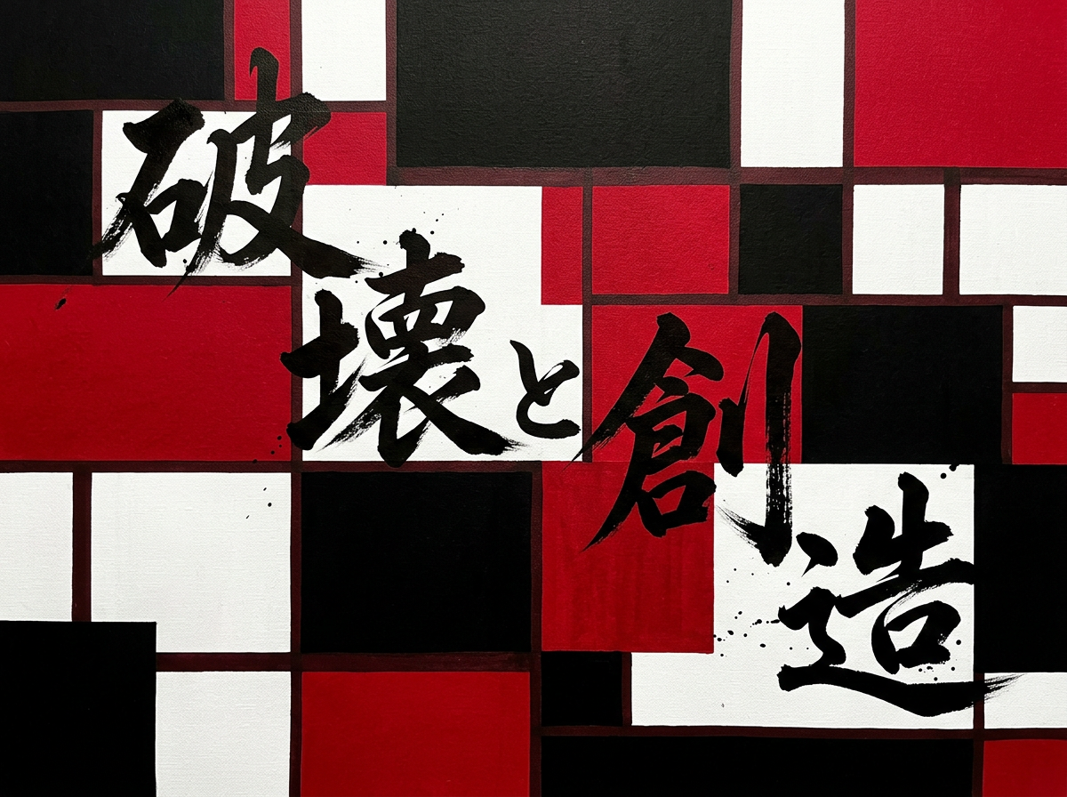 图中展示了一幅结合了现代几何抽象与传统书法风格的平面设计作品。背景由大量红色、黑色和白色的矩形与正方形色块交错组成，构图类似于蒙德里安的格子画风格，但色彩对比更加强烈，充满了张力。画面的主体是五个黑色的毛笔书法汉字，从左上向右下呈阶梯状排列，内容为日文汉字“破壊と創造”（破坏与创造）。字体笔画苍劲有力，带有明显的飞白效果和墨滴飞溅的细节。

作为一张 AI 生成的图片，画面存在一些明显的逻辑缺陷：首先，背景格子的线条交汇处并不严整，部分红黑交界处的线条出现了模糊或重叠，缺乏真实手绘或矢量设计的精准度。其次，书法文字的笔画结构在细节处略显生硬，例如“壊”字的左侧提手旁与右侧部件的比例略显失调，文字边缘的墨迹飞溅分布过于均匀，带有明显的算法模拟痕迹，而非自然的墨水随机溅落。整体视觉效果虽然冲击力强，但在细节的严谨性上仍有欠缺。