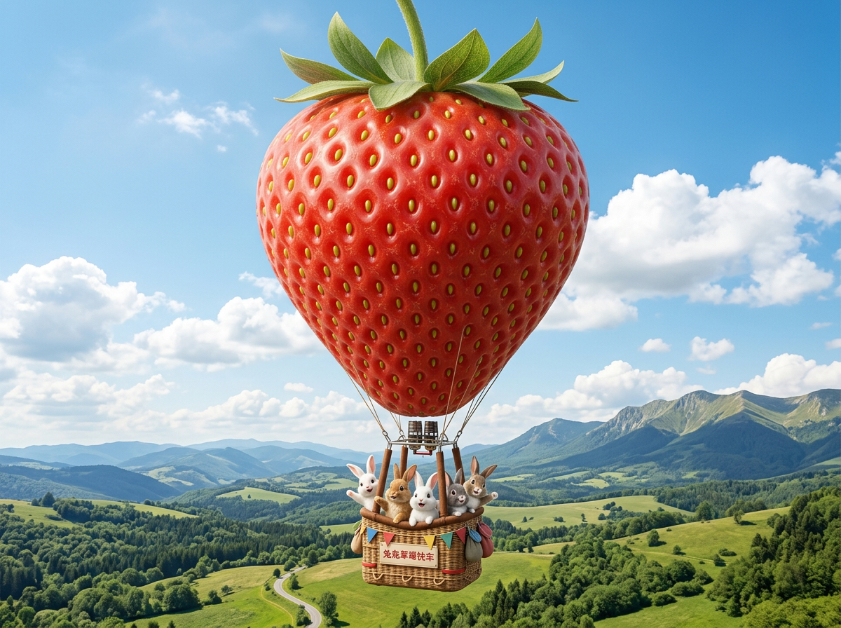 画面中呈现了一个充满童话色彩的奇幻场景。一只巨大的、鲜红欲滴的草莓化作热气球的球体，悬浮在蔚蓝的天空中。草莓表面布满了金黄色的籽，顶部带有翠绿的叶片和一截向上的茎。草莓下方通过几根细绳吊挂着一个棕色编织吊篮，篮子里挤着五只神态各异、毛茸茸的小兔子，颜色涵盖了纯白、浅棕和灰色。吊篮侧面挂着彩色小旗，并贴有一块写着“兔兔草莓快车”中文字样的木牌。背景是广阔的绿色丘陵和远处的连绵山脉，阳光明媚，白云朵朵。

在 AI 生成细节方面，存在一些明显的逻辑与视觉缺陷：吊篮上方的燃烧器结构模糊，且没有明显的火焰或连接支撑；连接草莓与吊篮的绳索分布不均，透视关系略显生硬；最右侧灰兔子的爪子与吊篮边缘融合得不够自然；此外，木牌上的中文字体虽然清晰，但笔画略显僵硬，带有典型的 AI 模拟痕迹。整体构图虽然温馨，但物体间的重力感和比例关系具有明显的超现实人工合成感。