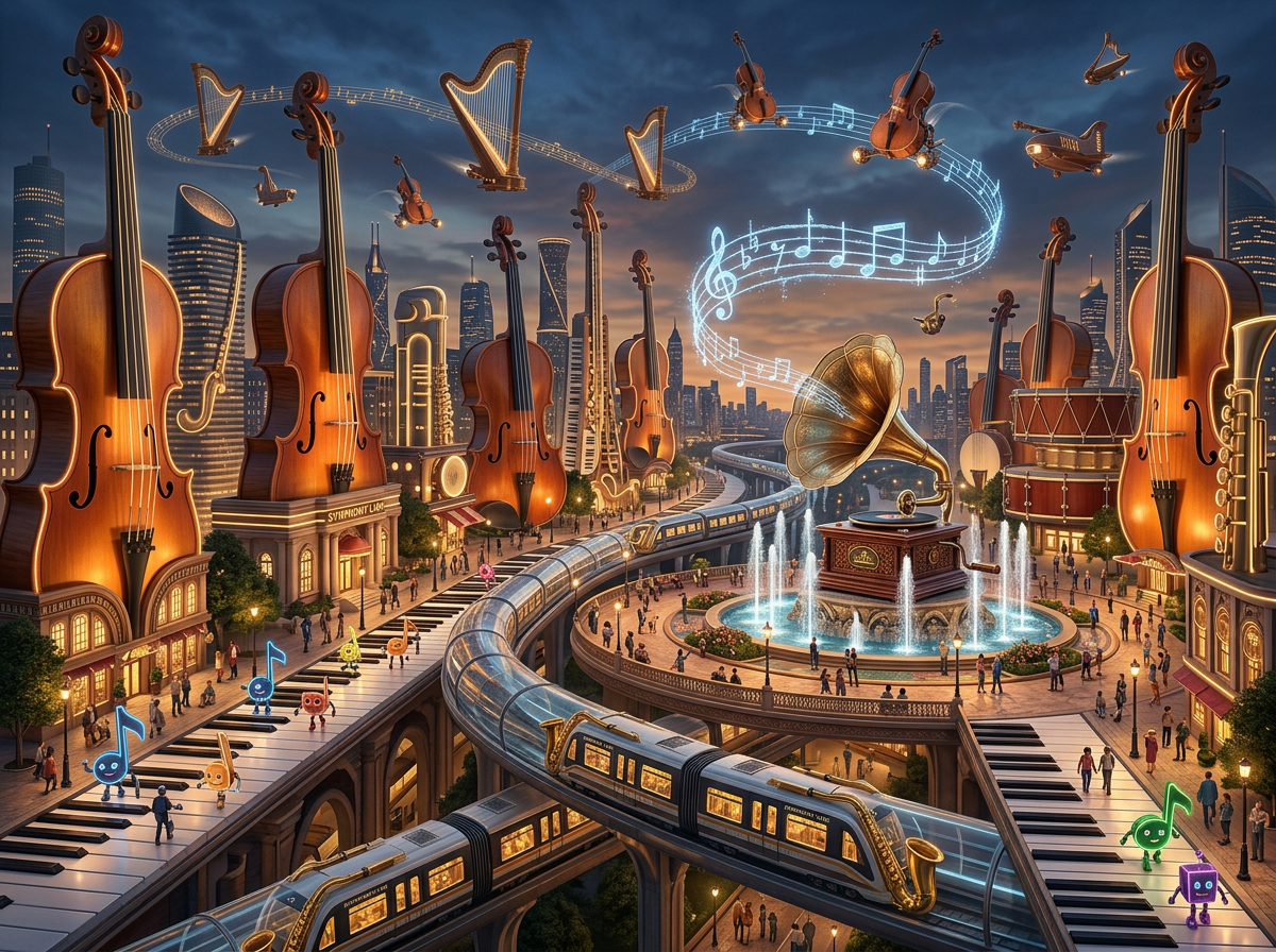 图中展现了一个充满奇幻色彩的音乐主题城市。画面以黄昏时的深蓝色天空为背景，城市建筑被巧妙地设计成巨大的乐器形状，包括多把巨大的大提琴、竖琴和萨克斯管，它们散发着温暖的金黄色灯光。街道和高架桥由巨大的钢琴键组成，上面有拟人化的小音符在行走。画面中央是一个喷泉广场，中心矗立着一台巨大的复古留声机，喇叭中飘出闪烁着蓝光的五线谱。多条透明的轨道交通穿梭其间，列车车头带有萨克斯管装饰。整体色调金碧辉煌，构图宏大且富有动感。

在 AI 生成缺陷方面，画面存在明显的逻辑与透视异常：钢琴键轨道的排列不符合乐理逻辑，部分琴键在转弯处发生了严重的扭曲变形；空中飞行的乐器（如小提琴和竖琴）缺乏合理的动力支撑，且部分乐器的弦线模糊不清；画面远处的建筑细节出现了像素化的重叠，部分行人的肢体结构模糊，甚至与地面环境融合。此外，留声机喷出的五线谱符号存在乱码现象，并非真实的乐谱。