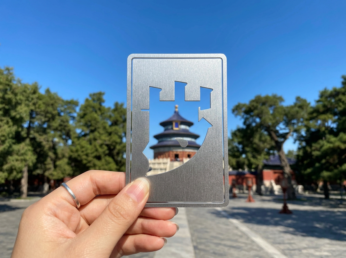 画面中，一只戴着银色戒指的手正捏着一张银灰色金属书签，书签中心有一个不规则的镂空剪影。透过这个镂空，我们可以看到背景中著名的北京天坛祈年殿。背景阳光明媚，天空呈现纯净的深蓝色，两侧是郁郁葱葱的绿色古松。构图上，书签位于画面中心，形成了一种“框景”的视觉效果，将远处的古建筑巧妙地嵌入金属轮廓中。

然而，作为一张 AI 生成的图片，画面中存在明显的逻辑缺陷：首先，书签镂空的形状与背景中的天坛外轮廓完全不匹配，镂空边缘显得随意且缺乏设计逻辑。最严重的问题在于透视异常，书签镂空内部的天坛图像看起来像是直接贴在金属片上的平面照片，而非真实透过孔洞看到的远景，因为镂空边缘并没有对背景光线或焦距产生自然的物理遮挡效果。此外，手部指甲的边缘略显模糊，金属书签的质感在边缘处处理得不够真实。