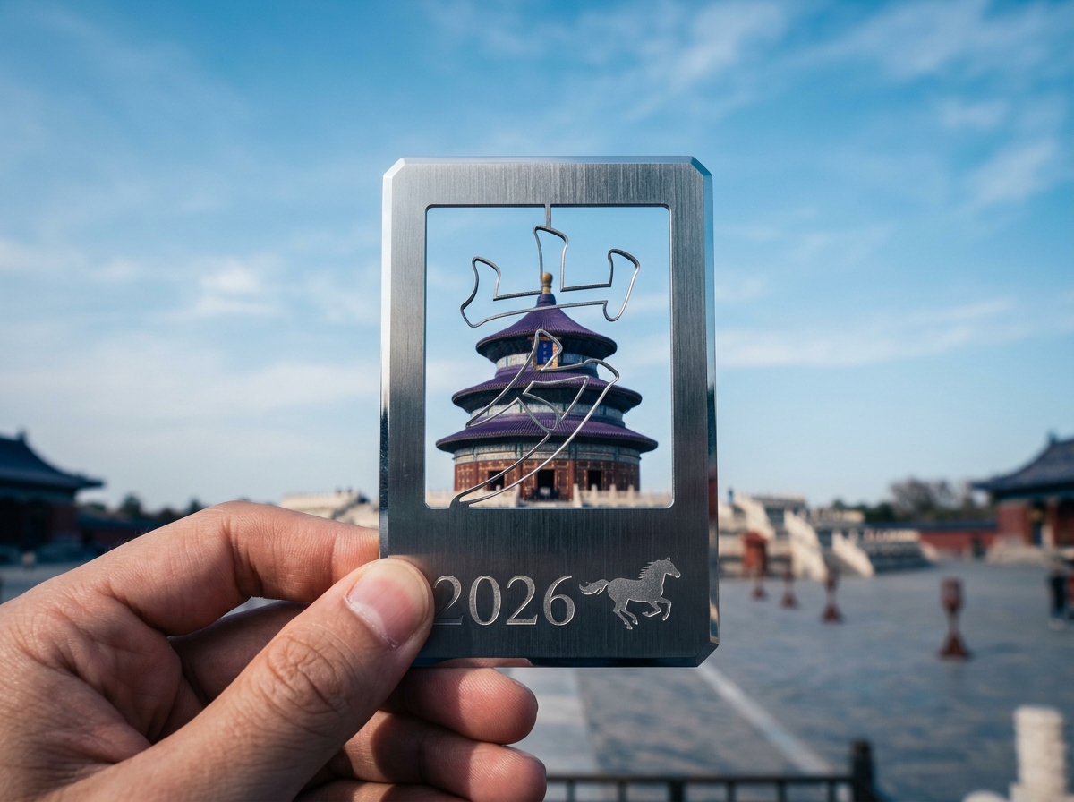 图中展示了一只左手拿着一块长方形金属镂空书签，背景是北京天坛祈年殿。书签由拉丝金属材质制成，上半部分镂空出一个艺术化的“岁”字，通过镂空处可以清晰看到远方的祈年殿建筑。书签下方刻有数字“2026”和一匹奔马的图案。背景中的天坛在蓝天白云下显得庄严，地面是平整的石板广场。画面色调明亮，构图采用中心对称，将现代工艺品与古建筑巧妙结合。

画面中存在明显的 AI 生成缺陷：首先，手部细节异常，大拇指的指甲形状不自然，且手指的关节纹路显得过于杂乱；其次，书签中的“岁”字笔画结构并不完整，部分线条悬空且不符合汉字书写逻辑；再者，2026年按生肖应为马年，但书签上的马形图案线条略显生硬，且远景中的建筑细节在放大后显得模糊、扭曲，缺乏真实的建筑透视感。
