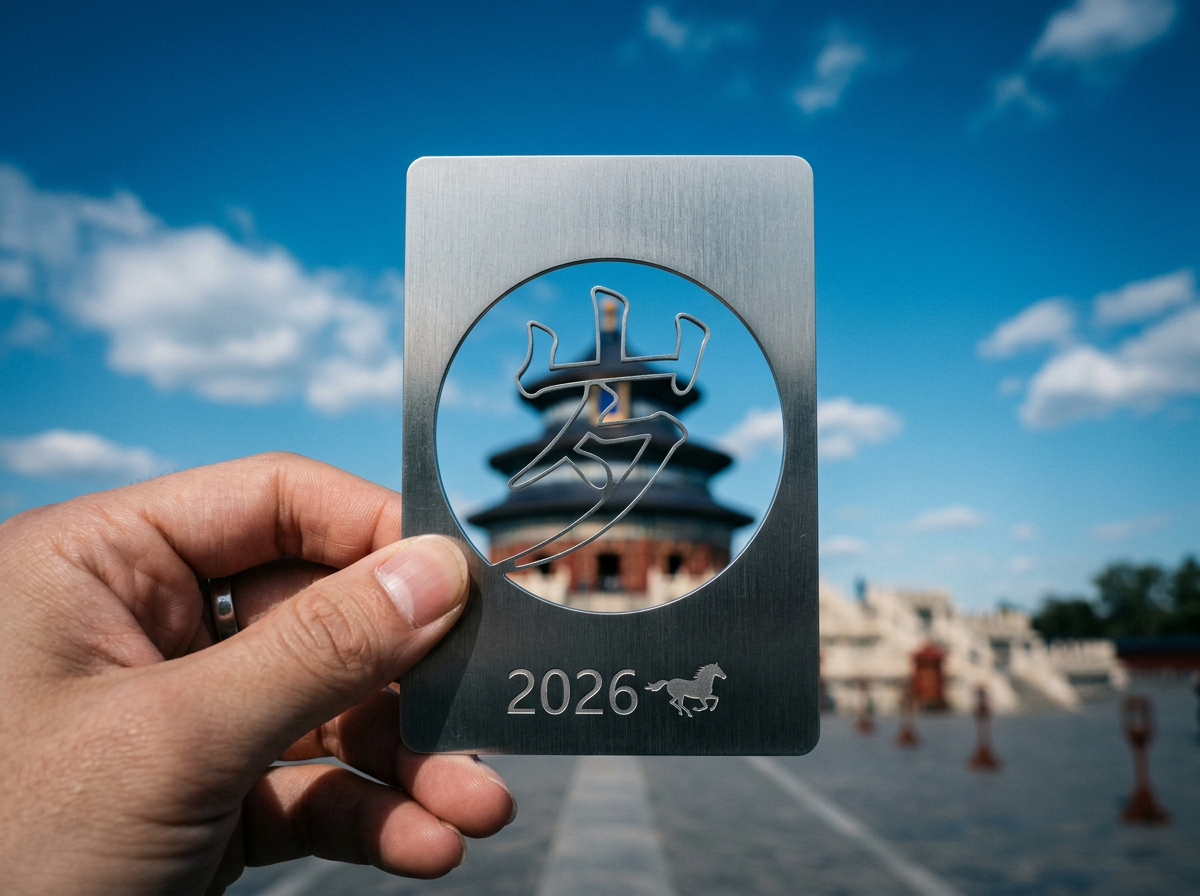画面中，一只左手捏着一张银色拉丝质感的金属书签，背景是北京天坛祈年殿在蓝天白云下的模糊远景。书签中心有一个圆形的镂空设计，镂空处是一个艺术化的简体中文“岁”字，通过这个字可以窥见远处的古建筑。书签下方刻有“2026”字样以及一个奔马的剪影图案。整体构图采用中心对焦，色彩明亮，呈现出一种旅游纪念照的氛围。

在 AI 生成的细节方面，存在明显的逻辑错误：首先，2026 年在中国传统生肖中应为马年，但书签上的“岁”字镂空结构在物理上是不合理的，文字的笔画悬浮在圆圈中心，缺乏必要的连接点来支撑其固定在金属片上。此外，捏着书签的手指边缘略显生硬，指甲的质感与光影处理不够自然。背景中的天坛建筑虽然轮廓清晰，但细节纹理在虚化处理下显得有些杂乱，不如真实摄影般柔和。