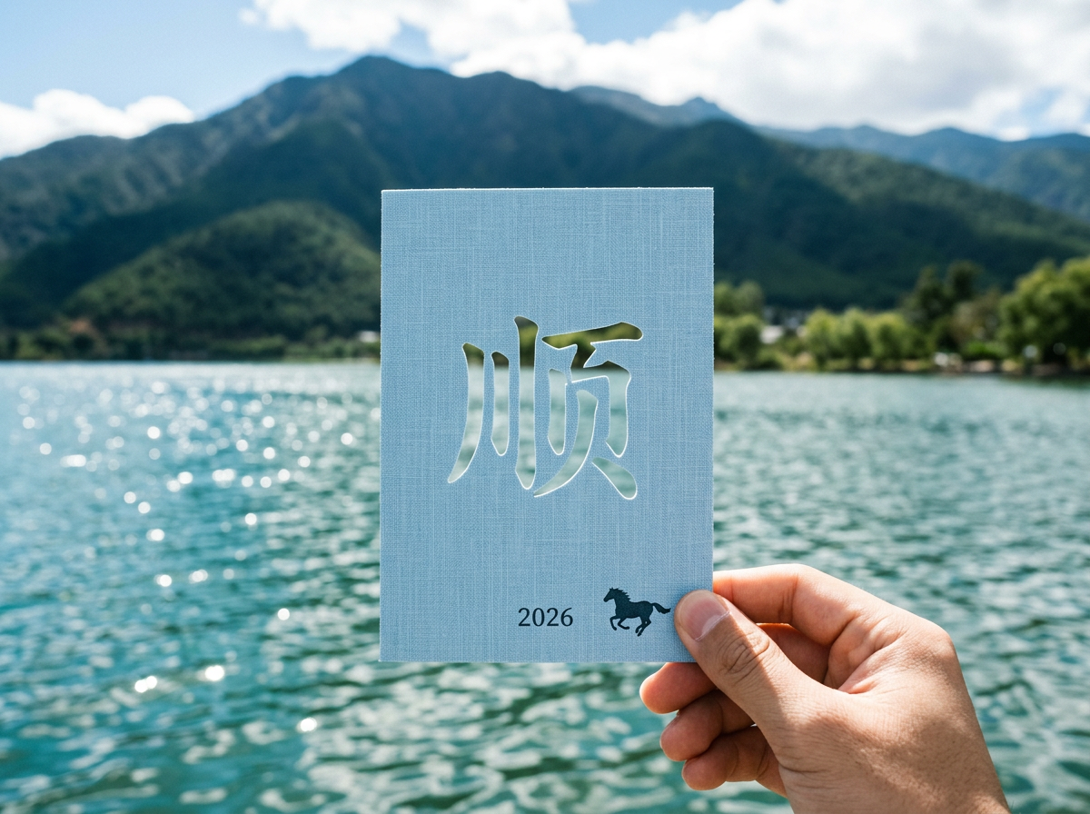 图中展示了一只右手捏着一张浅蓝色布纹质感的卡片，背景是波光粼粼的湖泊和连绵的青翠群山。卡片中心有一个镂空的汉字“顺”，透过字迹可以看到背景的湖水。卡片右下方印有数字“2026”和一匹奔马的黑色剪影。阳光从侧上方照射，湖面泛起密集的白色光斑。

在 AI 生成的细节方面，存在明显的逻辑缺陷：首先是手部结构异常，大拇指的指甲形状不自然，且食指与中指的衔接处显得僵硬，缺乏真实的关节纹理。其次，卡片上的镂空文字“顺”字笔画存在扭曲，左侧的“川”字部首与右侧结构比例失调，镂空边缘不够平整。此外，卡片右下角的马匹剪影与“2026”数字的透视关系略显生硬，像是直接贴在纹理层之上的。背景中的山峦边缘在大气透视下显得过于模糊，与前景清晰的手部形成了不自然的对比。