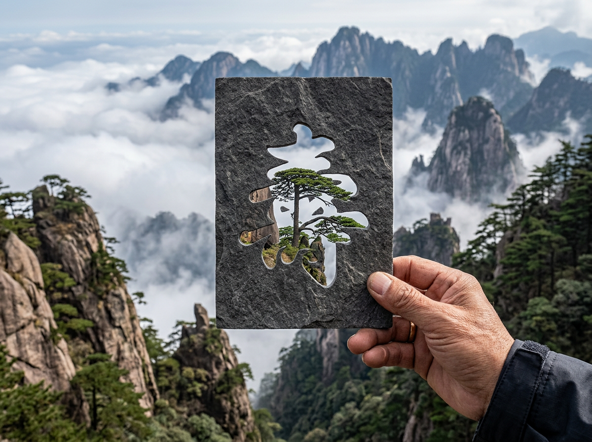 图中展示了一幅壮丽的山岳云海景观。画面背景是层峦叠嶂的深灰色花岗岩山峰，山间云雾缭绕，宛如仙境，山上点缀着苍劲的绿色松树。构图的中心是一只苍老的手拿着一块深灰色的长方形石板，石板中心被镂空刻出了一个复杂的汉字“寿”。通过这个镂空的字样，恰好可以看到远处山巅上一棵挺拔的迎客松，形成了一种“画中画”的巧妙视觉效果。色调以自然的灰、绿、白为主，给人以宁静长寿的意境。

在 AI 生成缺陷方面，画面存在明显的逻辑与细节异常：首先是手部细节，拿着石板的手指关节纹路过于杂乱且不自然，指甲形状模糊；其次是镂空石板的物理特性不合理，石板边缘极其锋利且厚度均匀，但在镂空字体的笔画连接处，部分细小的石块悬浮在空中，没有物理支撑却能固定，违背了重力常识。此外，镂空处的背景光影与周围环境略有脱节，显示出合成的痕迹。