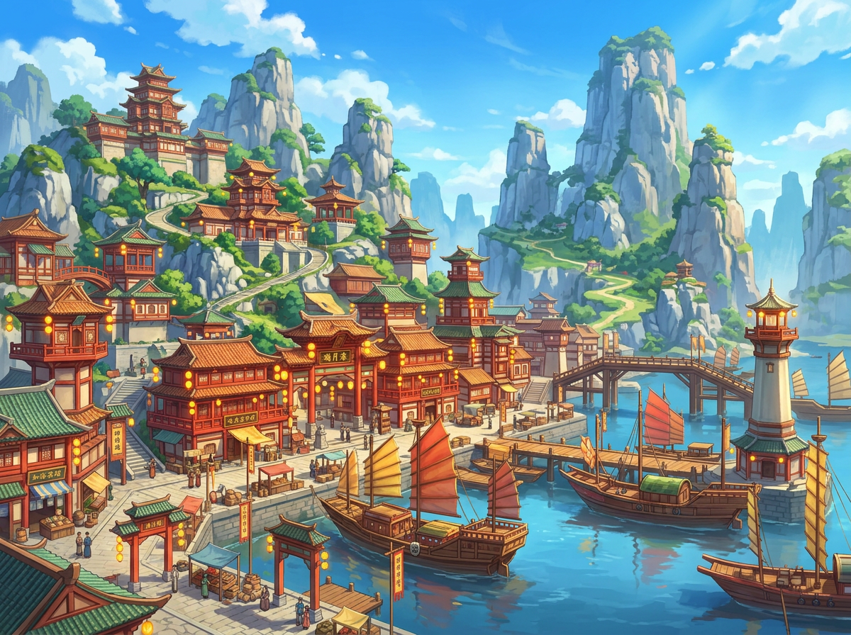 图中展现了一幅色彩鲜艳、充满活力的古代东方风格港口城镇画卷。画面采用明亮的动漫风格，蓝天白云下，雄伟的青色石山拔地而起，山上点缀着翠绿的植被和蜿蜒的山径。城镇建筑依山而建，多为红墙绿瓦的多层木质阁楼，挂满了明黄色的灯笼。前景是一个繁忙的码头，几艘带有红色和黄色硬帆的木质帆船停泊在湛蓝的水面上，右侧有一座白色的灯塔和横跨水面的木桥。街道上有许多细小的人物剪影，营造出繁华的市井气息。

在 AI 生成细节方面，画面存在明显的逻辑缺陷：建筑上的牌匾文字均为无法辨认的乱码符号；部分建筑的结构透视不合理，例如左侧山坡上的楼阁与台阶连接生硬；码头上的帆船桅杆与绳索结构混乱，部分帆面悬浮或穿模；远处山上的小径在陡峭的岩壁上突然中断，缺乏合理的物理支撑。此外，水面的倒影与船只的位置并未完全对应，呈现出一种拼贴感。