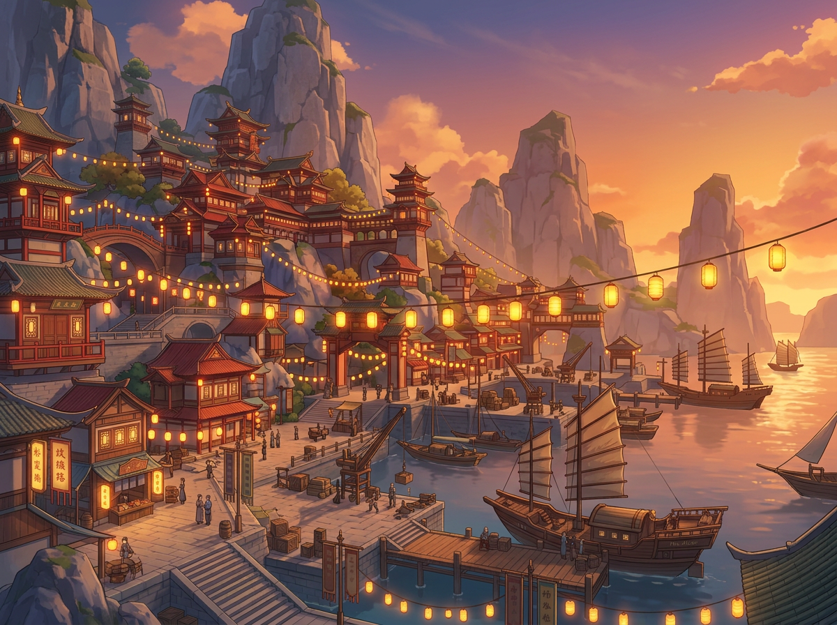 画面中展示了一幅壮丽的古风港口黄昏全景图，采用细腻的动漫绘画风格。背景是高耸入云的青灰色奇峰，夕阳将天空染成温暖的橘黄色，云朵镶嵌着金边。依山而建的是层层叠叠的红墙绿瓦古建筑，挂满了密密麻麻的黄色灯笼，星星点点的灯光与晚霞交相辉映。近景是一个繁忙的码头，多艘带有中式硬帆的木船停泊在水面，岸上散布着搬运货物的行人。画面色彩浓郁，营造出一种繁荣、宁静的东方神韵。

在 AI 生成的细节方面，存在一些明显的逻辑缺陷：画面中串联灯笼的黑线在空中交错，但部分线条的起点和终点衔接不自然，甚至凭空消失；远处的帆船结构略显模糊，船帆的纹理与桅杆的连接不够严谨；岸边建筑上的招牌文字多为模糊且无法辨认的乱码字符；此外，部分行人的肢体轮廓较为简略，缺乏清晰的五官和手指细节。
