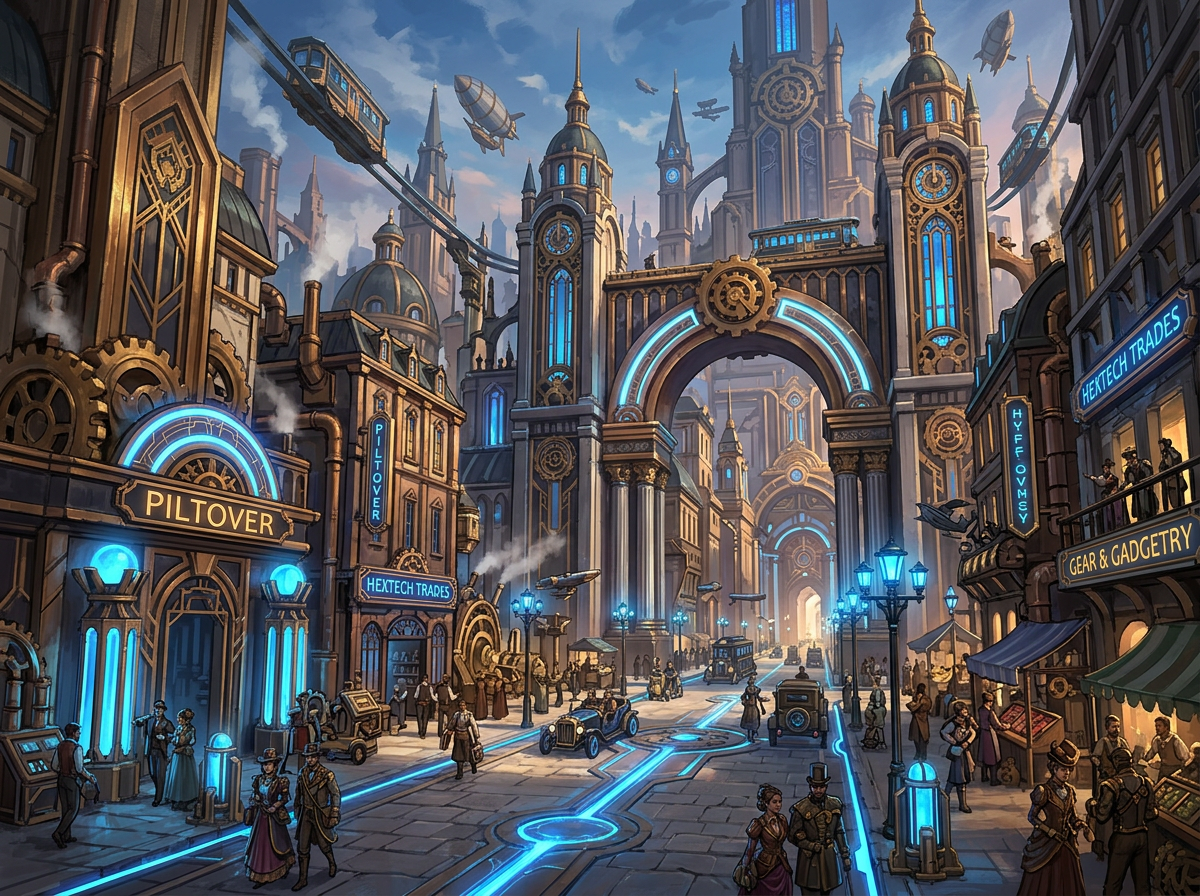 图中描绘了一座宏伟的蒸汽朋克风格都市，整体色调以复古的古铜金和充满科技感的荧光蓝为主。画面中心是一条宽阔的石砖街道，地面镶嵌着发光的蓝色能量轨道，两旁矗立着装饰华丽的高耸建筑，带有巨大的齿轮、时钟和尖顶。天空中漂浮着多艘飞艇，半空中还有悬挂式列车在轨道上穿行。街道上行人熙攘，穿着维多利亚时期的服饰，还有复古造型的汽车在行驶。

作为 AI 生成的图像，画面存在几处明显的逻辑缺陷：首先是文字错误，左侧招牌虽有“PILTOVER”字样，但其他多处招牌如“HYFF OVMEY”等均为无意义的乱码字母；其次是透视和结构异常，左上角的悬挂列车轨道在空中戛然而止，缺乏合理的物理支撑；此外，部分远景人物的肢体结构模糊，右下角摊位前的路人手部与环境元素发生了不自然的融合。