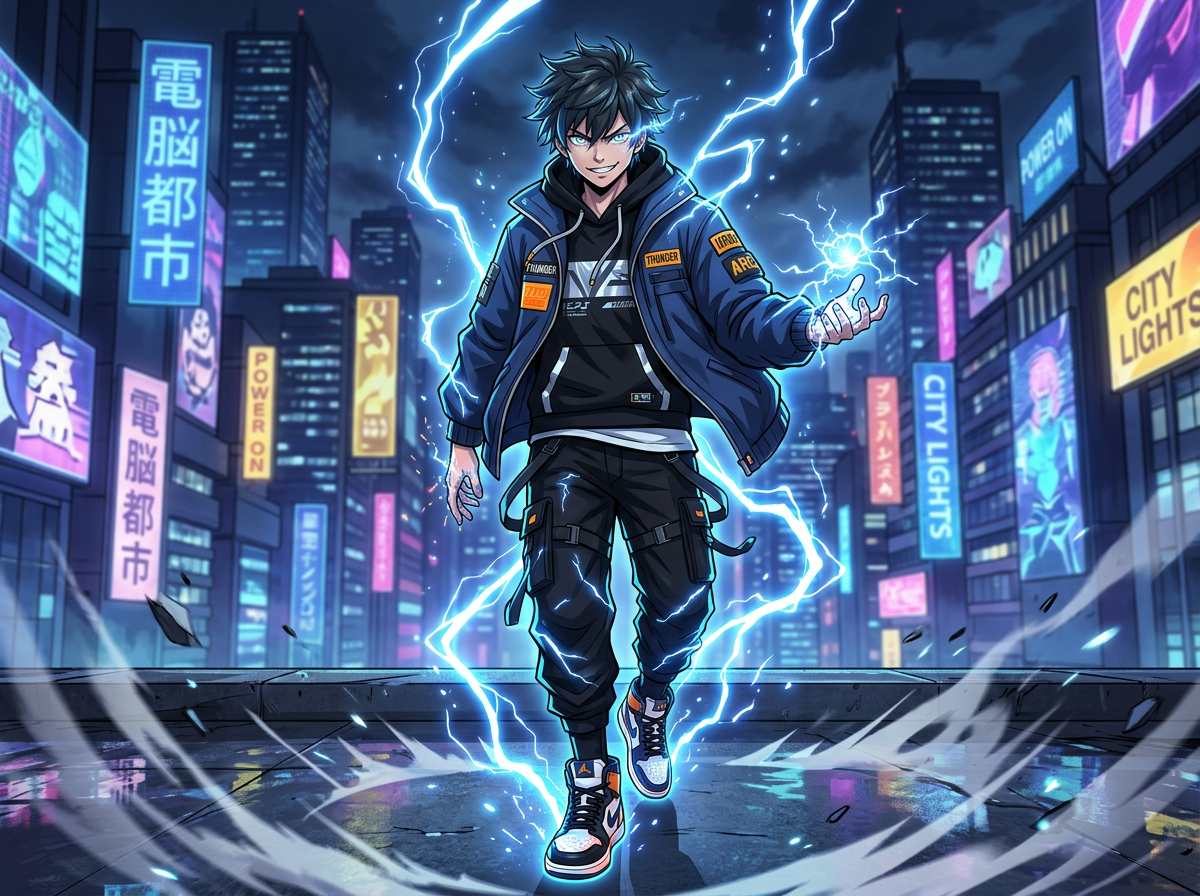 图中展现了一幅赛博朋克风格的动漫场景。一名拥有黑色乱发的少年站在潮湿的楼顶天台上，他神情自信且带着一丝狂气，双眼闪烁着蓝光。他身穿深蓝色工装外套、黑色连帽衫和多口袋工装裤，脚踏蓝黑相间的运动鞋。少年周身环绕着密集的蓝色闪电，左手掌心正汇聚着一个刺眼的雷电球，脚下的地面因能量冲击而产生白色烟雾。背景是繁华的深夜都市，高楼林立，挂满了写有“电脑都市”、“CITY LIGHTS”等字样的蓝色和黄色霓虹灯牌。画面色彩以冷色调的深蓝为主，对比鲜明。在 AI 生成细节方面，少年的左手手指比例略显不自然，指尖与闪电的衔接处有些模糊；背景灯牌上的部分日文字符结构扭曲，无法辨认，属于典型的 AI 字体生成错误。