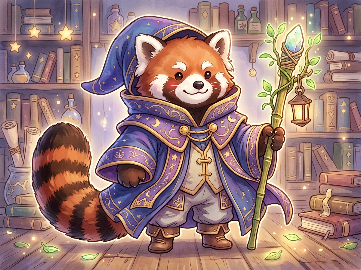 图中展现了一幅温馨可爱的插画，主角是一只化身为魔法师的小熊猫。它站在一个充满奇幻色彩的图书馆中，背景是整齐排列的书架，上面摆满了古旧的书籍、发光的药水瓶和卷轴。小熊猫穿着一套华丽的深蓝色法师袍，袍子上点缀着金色的星月图案，头戴一顶尖尖的魔法帽，身后露出一根粗壮且带有黑红环状花纹的长尾巴。它右手握着一根由翠绿竹节制成的法杖，杖顶镶嵌着发光的晶体，并缠绕着生机勃勃的绿叶，法杖上还挂着一盏散发暖光的小灯笼。

画面色调以温暖的棕色、蓝色和金色为主，营造出一种神秘而祥和的氛围。在 AI 生成的细节方面，存在一些明显的逻辑缺陷：小熊猫左手（握杖的手）的指节结构模糊，看起来更像是直接黏在法杖上的肉垫；法杖底部的透视略显生硬，似乎没有完全接触地面；背景书架上的部分书籍脊部线条紊乱，缺乏真实的厚度感，且左侧悬挂的星星装饰物与背景的连接逻辑不够清晰。