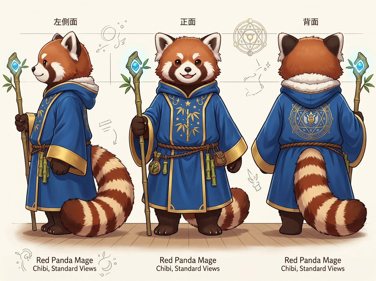 图中展示了一张名为“小熊猫法师”的角色设定图，采用可爱的 Q 版画风。画面在米白色的背景上，从左至右分别呈现了该角色的左侧面、正面和背面三个视角。这只小熊猫拥有红褐色的毛发、标志性的黑眼圈和蓬松的红白环状大尾巴。它穿着一件深蓝色的法师长袍，边缘点缀着金边，腰间系着麻绳，并挂着竹筒和药袋。它手中握着一根顶端镶嵌蓝色宝石、长有绿叶的竹质法杖。背景中还点缀着一些淡金色的魔法阵和星象线条。

作为 AI 生成的图片，画面中存在一些明显的逻辑缺陷：首先，文字处理不够自然，顶部的中文标注“左侧面”和“正面”字体略显生硬，且背景中的魔法符号包含一些模糊不清的乱码。其次，在细节一致性上，正面视角中小熊猫腰间挂着三个竹筒，而侧面视角中只剩两个，且竹筒的形状和悬挂位置在不同视角间无法完全对应。此外，法杖顶部的宝石形状和周围叶片的生长位置在三个视角中也存在细微的形变和不一致。