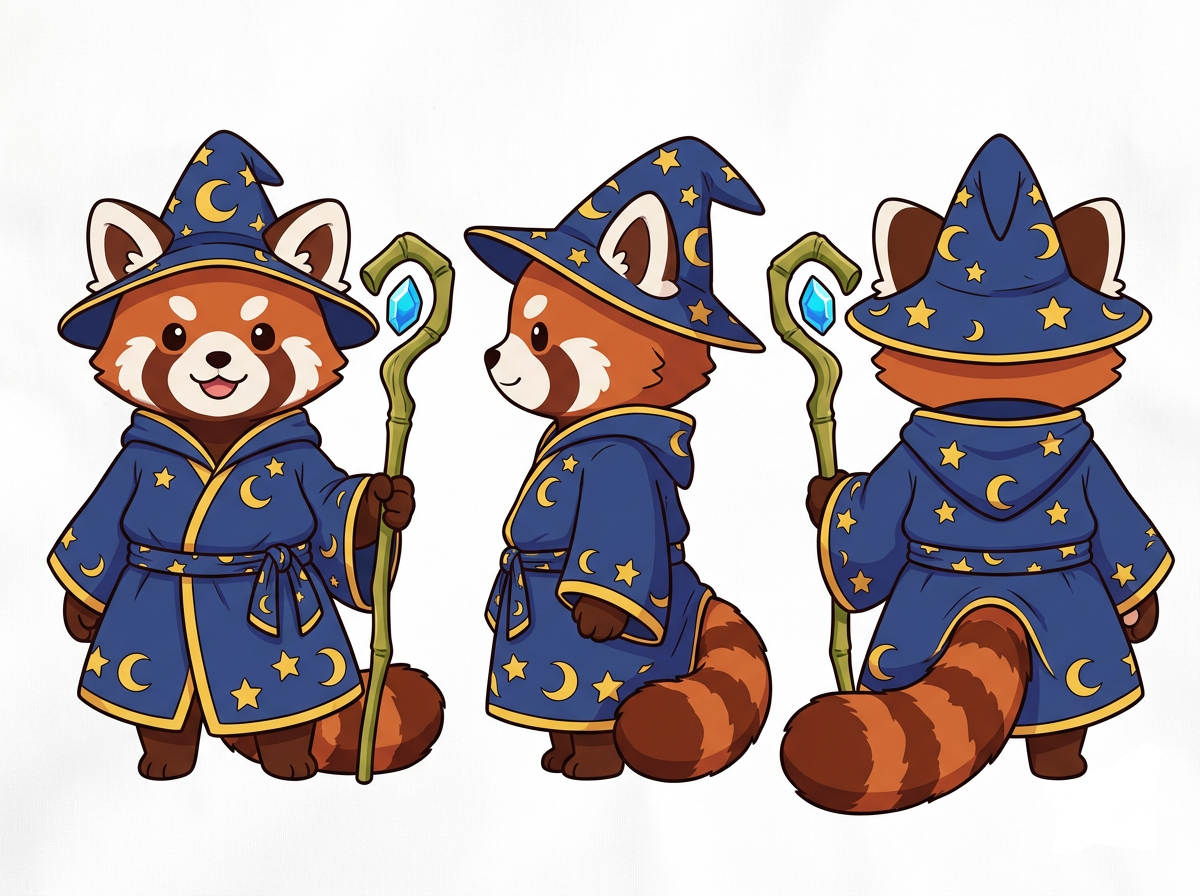 图中展示了一只可爱的小熊猫法师的角色设计三视图，背景为纯白色。这只小熊猫拥有红褐色的毛发、白色的面部花纹和标志性的环状条纹大尾巴。它穿着一套深蓝色的法师袍，戴着配套的尖顶魔法帽，袍子和帽子上都点缀着金色的星星和月亮图案。它手中握着一根由绿色树枝缠绕而成的法杖，顶端镶嵌着一颗发光的蓝色宝石。画面从左至右依次呈现了角色的正面、侧面和背面视角，整体画风简洁，具有卡通绘本的质感。

在 AI 生成的细节方面，存在一些明显的逻辑缺陷：左侧正视图中小熊猫的右手（画面左侧）消失在袖口中，而左手握法杖的姿势略显僵硬，手指结构模糊；中间侧视图的法杖离身体较远，没有明显的抓握动作，且法杖顶部的宝石形状与正面不完全一致；右侧背视图中，尾巴从法师袍下方伸出的位置与身体连接处显得有些生硬，且法杖再次出现在左手边，与正视图的左右位置逻辑存在冲突。