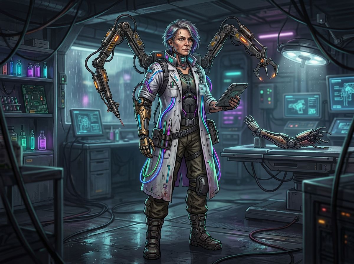图中展示了一位身处赛博朋克风格实验室的中年女性科学家。她留着灰紫色短发，神情严肃，身穿一件挂满发光电缆和试管的白色实验大褂，内搭深色战术服。她的右臂是金色的机械义体，背后延伸出两只巨大的工业机械臂，分别持握着钻头和抓钳。背景是一个昏暗且杂乱的实验室，充斥着闪烁的显示屏、各种颜色的药剂瓶以及散乱的电缆。画面色调以冷蓝和紫色为主，点缀着橙色的警示灯光。

在 AI 生成细节方面，存在明显的逻辑和结构缺陷：女性左手握持的平板电脑边缘模糊，手指与设备融合，且手指数量和关节显得不自然；她右手的机械手指比例失调，指尖过于尖锐。此外，背景中右侧实验台上的机械断臂结构混乱，手指部分呈现出无序的丝状物，缺乏合理的机械构造。墙上的屏幕文字均为无法辨认的乱码符号，整体透视在复杂的电缆交错中略显平面化。
