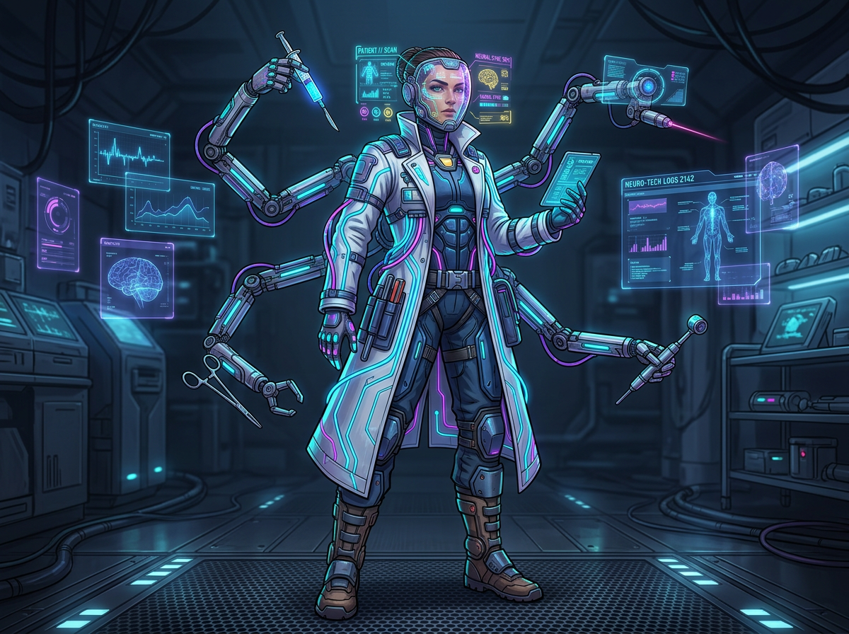 图中展示了一位充满未来科技感的女性赛博医生，她站在一个昏暗且充满精密仪器的实验室中央。这位医生身穿一件发光的白色长袍，内部套着深蓝色的战斗服，头部佩戴着透明的科技面罩。最引人注目的是她背后延伸出的六只机械手臂，分别抓握着注射器、手术剪、激光扫描仪和平板电脑等医疗工具。画面色调以深蓝色和紫色为主，背景中漂浮着许多显示大脑扫描和人体数据的全息投影屏幕，营造出一种高科技医疗的氛围。

在 AI 生成细节方面，存在一些明显的逻辑缺陷：左侧下方的机械臂末端，手术剪与机械爪的连接方式模糊且不符合物理结构；医生右手佩戴的金属手套指节分布略显生硬；背景全息屏幕上的文字虽然看起来像英文，但大多是无法辨认的乱码字符。此外，机械臂与医生背部的连接处透视关系不够明确，显得有些漂浮。