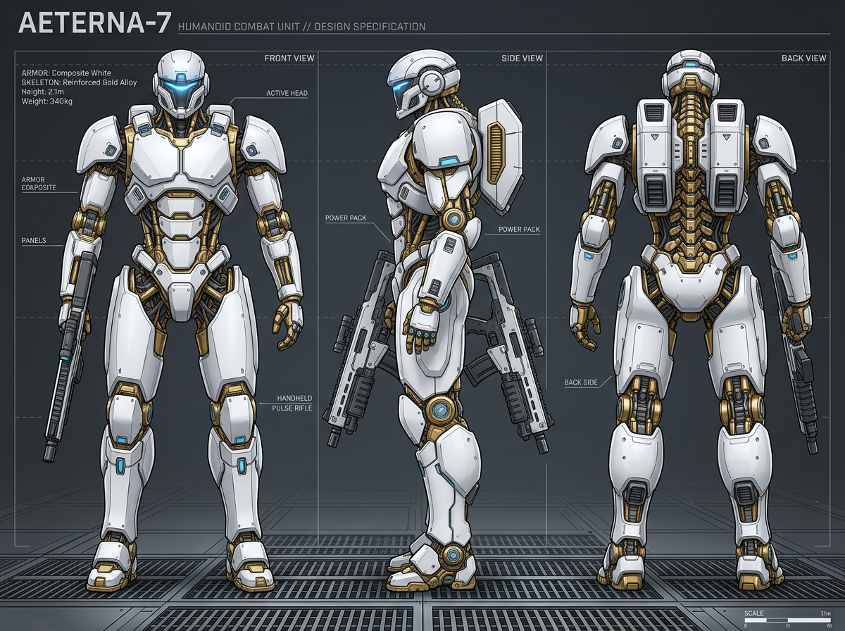 图中展示了一张科幻风格的人形战斗机甲设计概念图，背景为深灰色，带有网格线。画面从正面、侧面和背面三个角度展示了名为“AETERNA-7”的机器人。机甲主体由白色复合装甲覆盖，内部显露出金色的强化合金骨架和复杂的机械线路，关节处点缀着淡蓝色的发光元件。机甲外形强壮，配有全封闭式头盔和厚重的肩甲。画面中还分布着多处英文标注，说明其设计规格和武器配备。

作为 AI 生成的图片，画面存在明显的逻辑与拼写错误。左上角的文字中，“Height”被错误拼写为“Naight”，“Composite”被拼写为“COKPOSITE”。在侧视图中，机甲手持的步枪与身体的穿插关系混乱，枪托部分似乎直接穿过了机甲的大腿，且枪支的结构在不同视角下并不一致。此外，机甲的手指关节在细节处略显模糊，部分标注引线指向的位置也较为模糊，缺乏实际的功能逻辑。