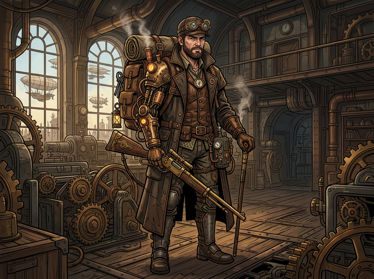 图中展现了一幅充满蒸汽朋克风格的室内场景。画面中央站立着一位神情严肃的中年男子，他留着胡须，头戴配有防风镜的帽子。他身穿棕色长款皮风衣，背着一个巨大的机械背包，背包正冒着蒸汽。他的右臂完全由黄铜色的机械义肢替代，手中握着一把长枪，左手则拄着一根手杖。背景是一个堆满巨大齿轮、管道和机械零件的工作坊，左侧高大的拱形窗外可以看到漂浮在空中的飞艇。整体色调以古铜色和棕褐色为主，营造出一种工业革命时期的怀旧感。

在 AI 生成的细节方面，存在一些明显的逻辑缺陷：男子的右手机械手指与长枪的握把融合得不够自然，结构模糊；左手拄着的手杖末端直接消失在地面木板中，缺乏真实的接触点；背景中的齿轮咬合逻辑混乱，部分齿轮悬浮或重叠；此外，窗外飞艇的轮廓略显扭曲，室内光影与复杂的机械结构之间存在透视不一致的情况。