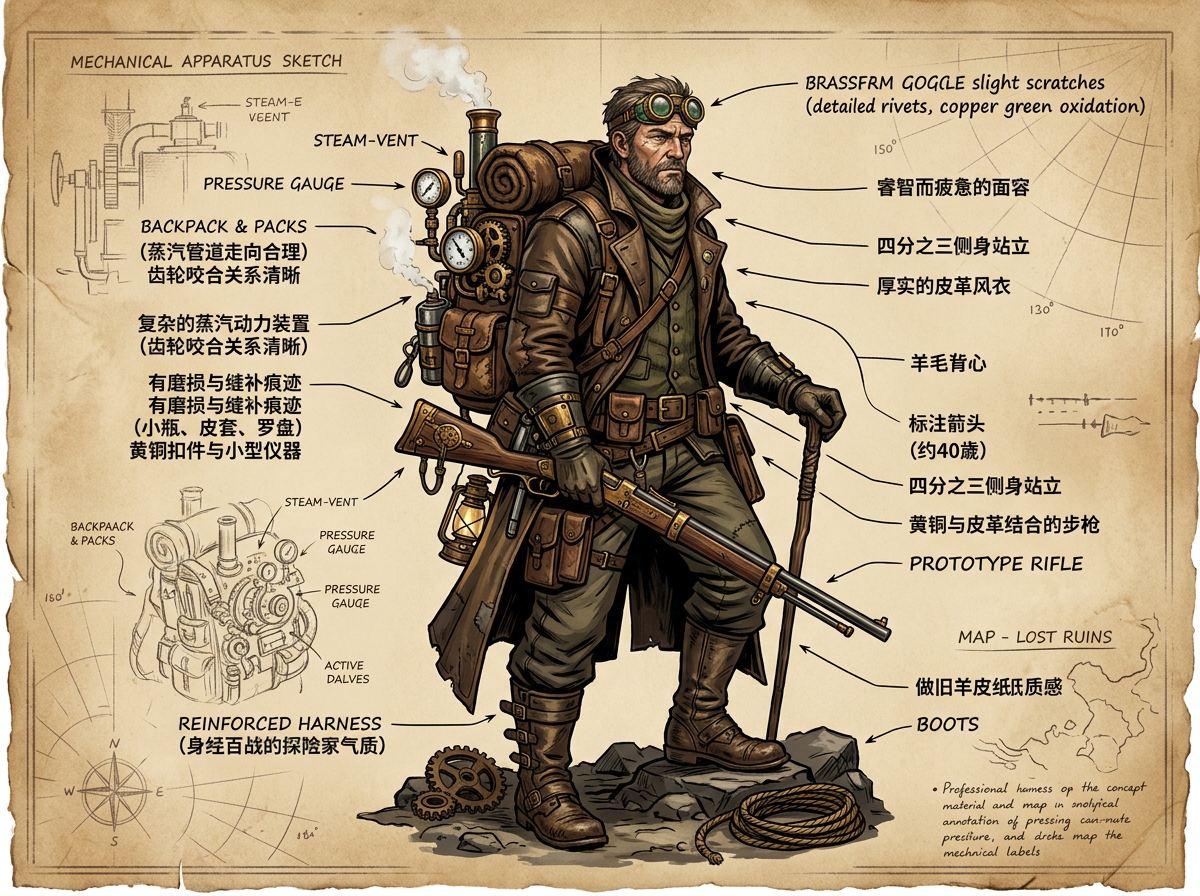 图中展示了一张具有蒸汽朋克风格的角色设计草图，背景是泛黄且带有褶皱纹理的旧羊皮纸。画面中心是一位约四十岁、面容沧桑的男性探险家，他身穿棕色皮革长风衣和绿色背心，头戴黄铜防风镜，背着一个复杂的蒸汽动力背包，手中握着一支长步枪。画面四周布满了各种手绘风格的注解、箭头和局部结构放大图，整体色调以复古的棕、褐、灰绿色为主。

作为 AI 生成的图像，画面中存在多处明显的逻辑缺陷：文字标注混合了中英文，且部分英文单词拼写错误（如“BACKPAACK”多了一个A，“GOGGLE”拼写不全等）；左侧的中文标注出现了重复的段落；人物右侧的标注线指向模糊，部分文字呈现为无意义的乱码。此外，人物左手握着的木棍与身体的透视关系略显生硬，背包上的烟雾效果与整体素描风格略有脱节。