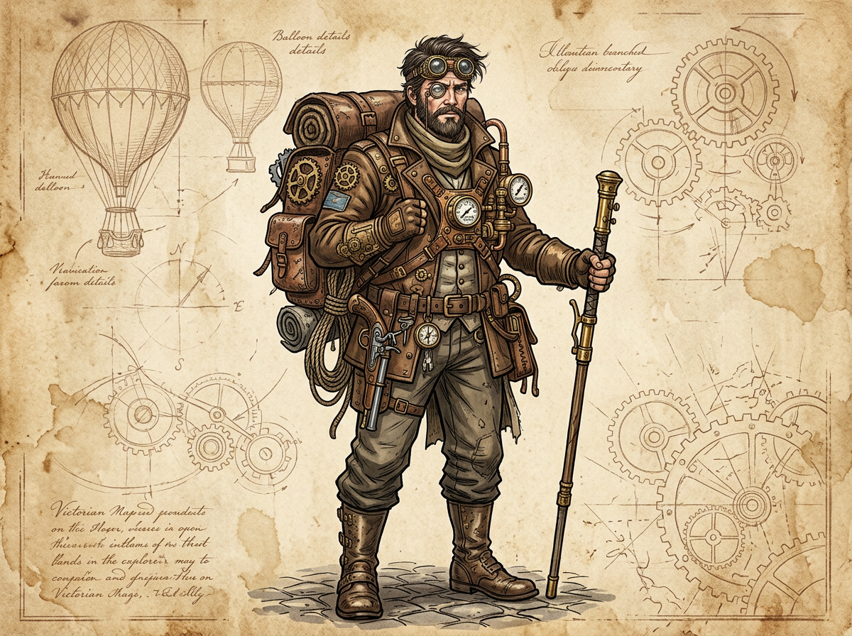 图中展示了一幅具有维多利亚蒸汽朋克风格的探险家设计图。画面中央是一位留着胡须、神情严肃的中年男子，他身穿棕色皮质探险装，头戴防风护目镜，背着装满齿轮、绳索和压力表的巨大背包，右手握拳，左手拄着一根金属长杖。背景是泛黄的陈旧羊皮纸，上面绘有热气球草图、复杂的齿轮组、指南针以及密密麻麻的手写体注释，整体色调以古朴的棕褐色和金铜色为主。

作为一张 AI 生成的图片，画面中存在几处明显的逻辑缺陷：首先，背景中的手写文字虽然看起来很专业，但仔细观察会发现它们是由杂乱无章、无法辨认的虚假字母组成的，并没有实际含义。其次，人物左手握住长杖的方式略显生硬，手指的关节结构不够自然。此外，背景中的齿轮线条与人物边缘的衔接处存在透视重叠，部分齿轮的咬合逻辑在现实中难以运作。尽管如此，画面依然成功营造出了一种复古工业冒险的氛围。