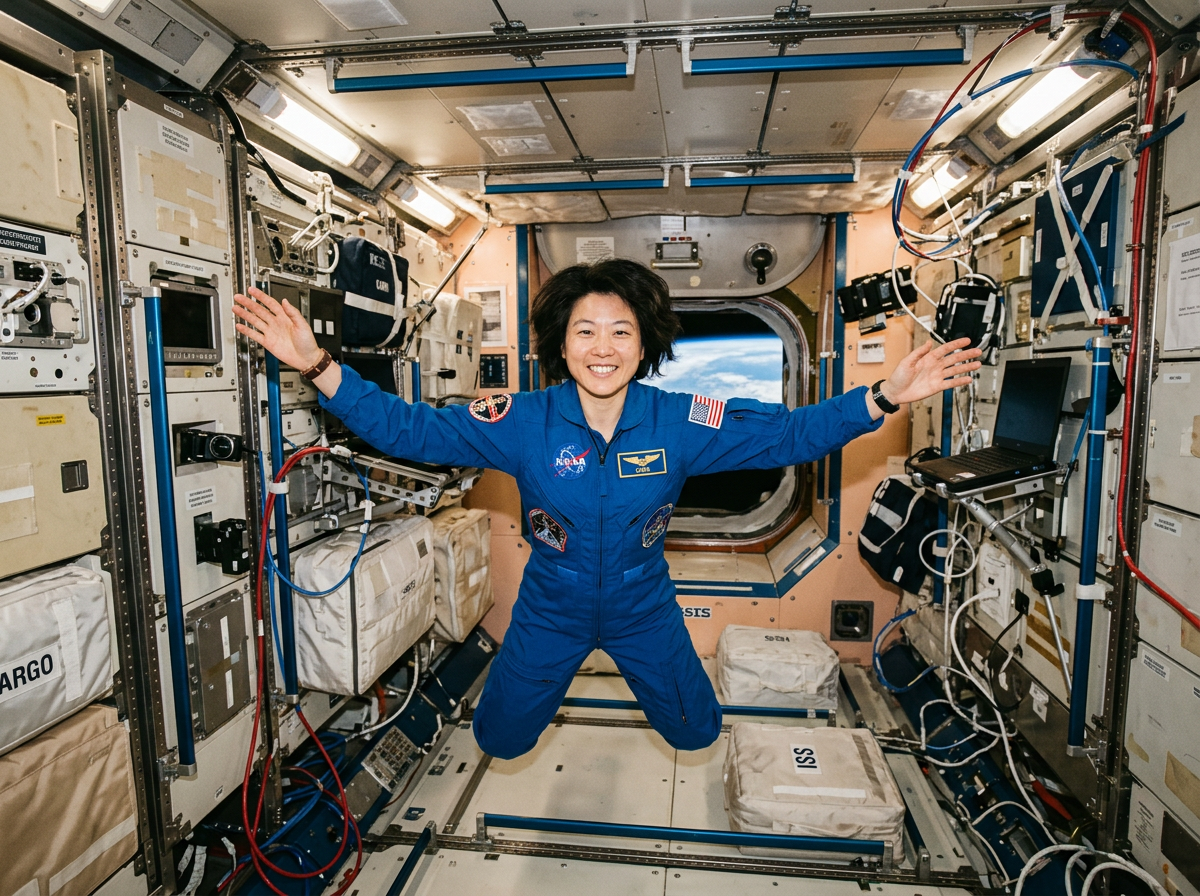 图中展示了一位身着蓝色宇航服的亚裔女性宇航员，她正张开双臂，仿佛漂浮在国际空间站的舱室内。背景充满了复杂的科学仪器、电缆、储物包和一个可以看见地球弧线的圆形舷窗。整体色调以金属灰、白色和宇航服的深蓝色为主，光线明亮且均匀。

然而，画面中存在多处明显的 AI 生成缺陷。最显著的是人物的手部：左手（画面右侧）的手指数量异常，且指节扭曲变形；右手（画面左侧）的掌心与手指连接处结构模糊。此外，宇航服上的文字和标志均无法辨认，呈现为杂乱的色块和虚假的字符。舱室内的设备细节也存在逻辑错误，例如右侧悬浮的笔记本电脑支架与墙壁的连接十分生硬，部分电缆在空间中凭空消失或交织成不合理的团状。尽管构图力求真实，但这些细节揭示了其 AI 生成的本质。