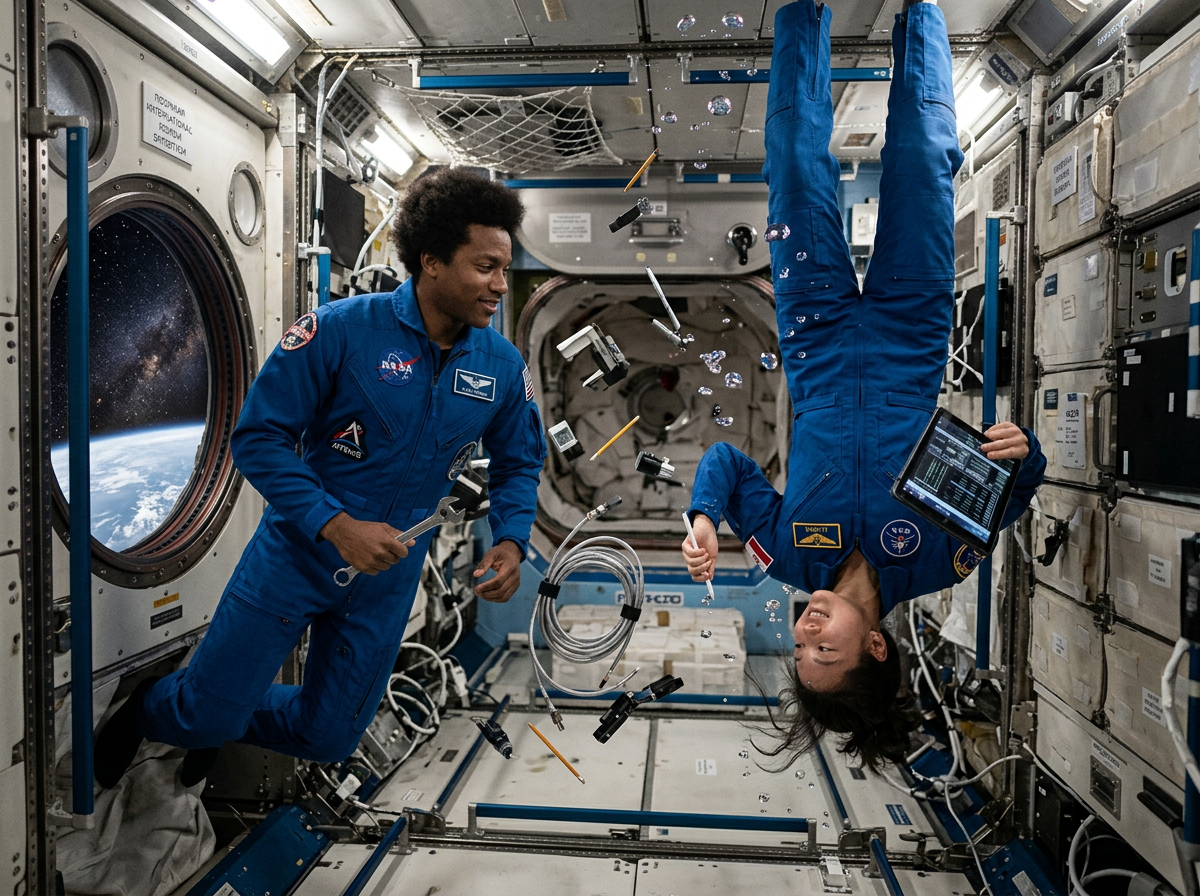 图中展示了国际空间站内部繁忙而神奇的零重力场景。两名穿着蓝色连体宇航服的宇航员正漂浮在充满精密仪器和管线的舱室内。左侧是一位深色皮肤、蓄着爆炸头的男性宇航员，他正拿着扳手微笑；右侧是一位亚裔女性宇航员，她正倒立着漂浮，手中拿着平板电脑。画面中央悬浮着大量杂物，包括铅笔、电缆圈、金属零件和晶莹剔透的水滴。左侧的圆形舷窗外，可以看到深邃的星空和地球的大气边缘。

画面呈现出冷色调的工业感，构图错落有致。然而，图中存在明显的 AI 生成缺陷：女性宇航员右手握着的白色笔状物与手指融合，且其左手抓握平板电脑的姿势极不自然，手指数量和关节结构模糊。此外，背景墙上的文字标签均为无法辨认的乱码，悬浮的电缆圈末端没有合理的连接逻辑，部分细小零件的透视关系也显得有些扭曲。