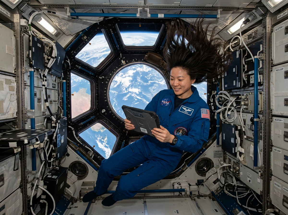 图中展示了一位亚裔女性宇航员在国际空间站内部的场景。她身穿深蓝色的连体宇航服，胸前贴有 NASA 标志和美国国旗臂章，正悬浮在空中，双手拿着一台平板电脑并露出微笑。她的长发因失重状态向上飘散，呈现出放射状。背景是一个巨大的多窗格穹顶窗，透过窗户可以看到美丽的蓝色地球弧线和白云。空间站内部充满了复杂的电缆、金属面板和各种科学仪器，色调以银灰色和蓝色为主。

在 AI 生成的细节方面，存在一些明显的缺陷：宇航员左手握持平板电脑的方式不自然，手指线条模糊且融合在一起；宇航服上的文字标签和背景设备上的标识均为无法辨认的乱码。此外，头发的质感略显僵硬，部分发丝与背景的衔接处处理得不够自然。尽管如此，画面整体构图平衡，成功营造了太空探索的科技氛围。