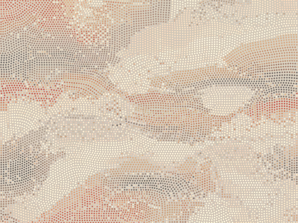 画面中呈现的是一幅具有现代艺术感的抽象点阵图像，整体风格类似于半色调印刷或点彩派绘画。构图由无数细小的圆形色点组成，这些点排列成流动的曲线和波浪状的色块，营造出一种动态且柔和的视觉效果。色彩基调以温暖的米色、浅棕色和肉粉色为主，局部点缀着深灰色和砖红色，形成了一种类似大理石纹理或沙丘起伏的自然感。

从 AI 生成的角度来看，这张图片作为背景纹理非常完整，没有明显的逻辑错误。但细看之下可以发现，点阵的疏密分布和排列规律在某些交界处显得略微生硬，缺乏手绘艺术的自然随机性。部分区域的点出现了重叠或形状轻微扭曲，这是典型的算法生成痕迹。整体而言，这幅作品通过数字化的点阵模拟出了富有质感的有机形态，给人以宁静而深邃的视觉感受。