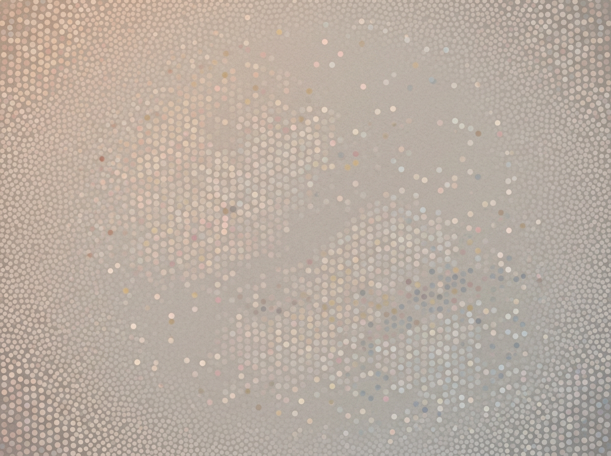 画面中展示了一幅极具抽象感的装饰性背景图，整体由无数细小的圆形颗粒密集排列而成，呈现出一种类似马赛克或点彩画的视觉效果。色调以柔和的灰褐色和米色为基底，局部点缀着淡粉、浅蓝和金色的微光点，营造出一种朦胧且略带闪烁的质感。构图上，圆点的排列并非完全均匀，中心区域似乎有一个模糊的圆形轮廓，光影从左上角向右下角微弱过渡。作为 AI 生成的图像，其明显的缺陷在于圆点的排列逻辑存在异常：在画面中心和边缘交界处，部分圆点出现了不自然的重叠、破碎或形状扭曲，破坏了原本应有的几何规律性；此外，背景纹理中存在一些模糊的块状噪点，使得部分区域看起来像是因为渲染不全而产生的“脏迹”，缺乏真实物理材质的细腻感。