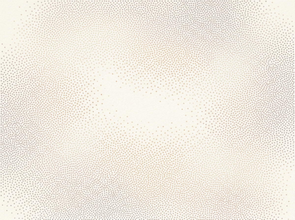 图中展示了一幅极简主义风格的抽象背景图。画面由无数细小的圆形颗粒组成，呈现出一种类似点彩画或喷砂纹理的效果。色调以柔和的米白色、浅杏色和淡灰色为主，整体氛围宁静且具有质感。构图上，画面中心区域颜色最浅，接近纯白，颗粒分布较为稀疏；随着向四周边缘扩散，颗粒逐渐密集，颜色也过渡到稍深的灰褐色，形成了一种微妙的向心式渐变效果。这种明暗变化为平面增加了轻微的立体感和深邃感。作为一张 AI 生成的背景图，其颗粒分布虽然看起来很均匀，但在边缘处存在一些细微的排列逻辑断层，部分区域的噪点密度过渡略显生硬，缺乏自然手绘的随机灵动感，但整体视觉效果依然和谐统一，适合作为设计底图使用。