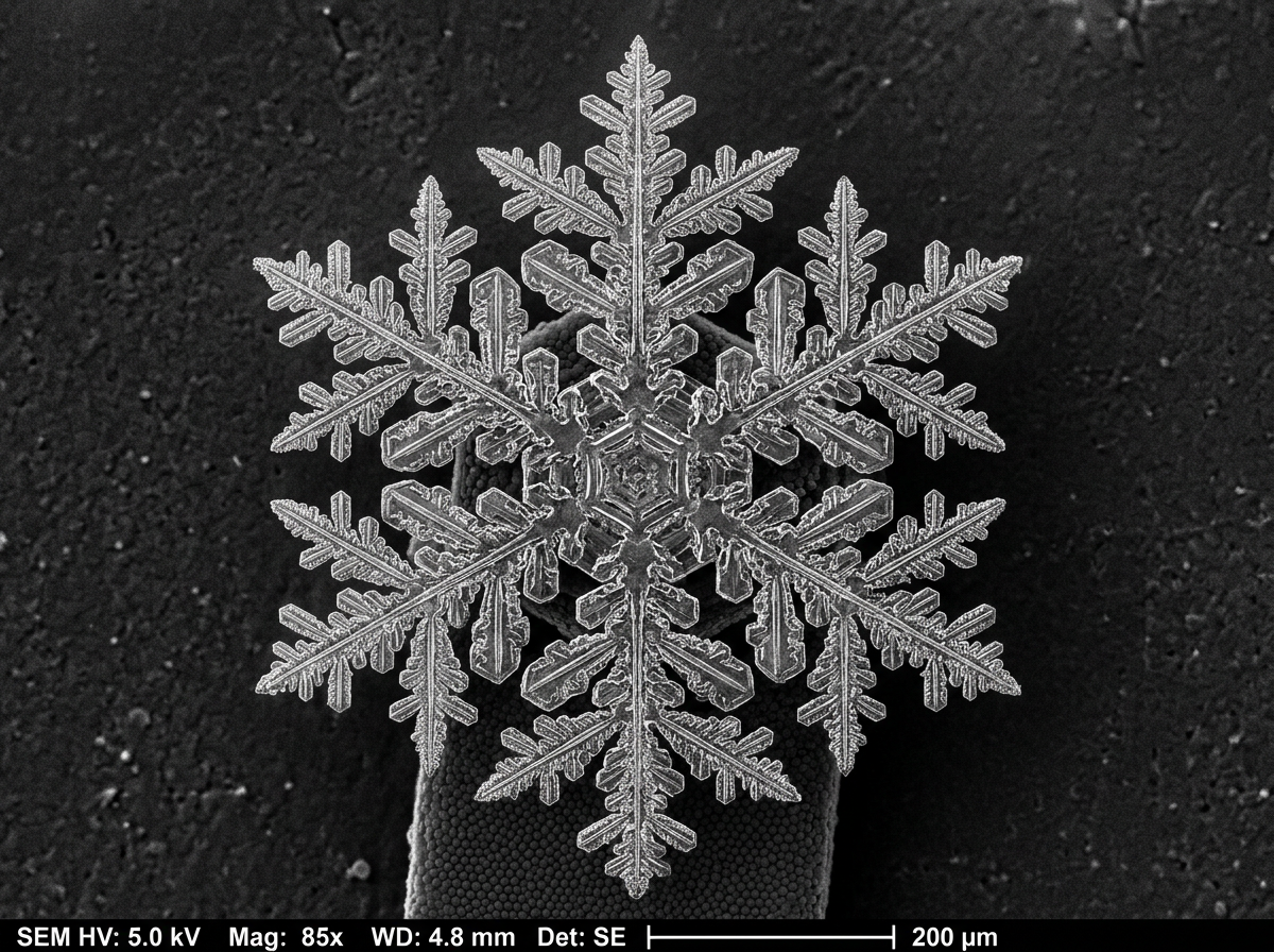 画面中展示了一张模拟扫描电子显微镜（SEM）拍摄的雪花特写。图像采用黑白单色调，背景呈现出粗糙且带有颗粒感的深灰色质地。正中央是一个结构极其复杂的雪花，它具有典型的六角对称性，向外延伸出六条主枝，每条主枝上又分叉出密集的、类似羽毛或树丛状的微小晶体结构。雪花下方似乎垫着一个带有蜂窝状纹理的圆柱形支架。画面底部有一行白色的专业参数文字和比例尺标注。

虽然这张图片极力模仿科学摄影，但存在明显的 AI 生成缺陷：首先，雪花的几何对称性并不严谨，左右两侧的分支细节无法完全对应，部分晶体边缘出现了模糊和不自然的融合；其次，底部的文字和数值虽然看起来专业，但字体渲染略显生硬，且比例尺的线条与背景的衔接处有轻微的像素重影。此外，雪花中心区域的结构过于堆叠，缺乏真实冰晶应有的通透感和物理逻辑。