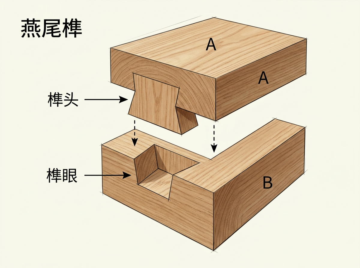 画面中展示了一张关于木工“燕尾榫”结构的示意图，背景为米白色。图中包含两块具有清晰木纹质感的浅褐色木材，分别标注为 A 和 B。上方木块 A 的末端有一个凸起的梯形“榫头”，下方木块 B 的对应位置有一个凹陷的“榫眼”，两者通过虚线箭头指示拼接方向。左侧有黑色简体中文字样“燕尾榫”、“榫头”和“榫眼”。

这张图片存在明显的 AI 生成逻辑错误：首先，木块 A 上的榫头形状与木块 B 上的榫眼在几何逻辑上无法匹配，榫头的侧面斜度与榫眼的开口方向冲突，实际无法垂直嵌入；其次，木块 B 的透视关系异常，其左侧切面与整体长方体结构不符合物理常识；此外，木块 A 上重复出现了两个字母 A，且文字与指示线的排版略显生硬，线条末端有细微的溢出，反映了 AI 在处理精密结构图时的局限性。