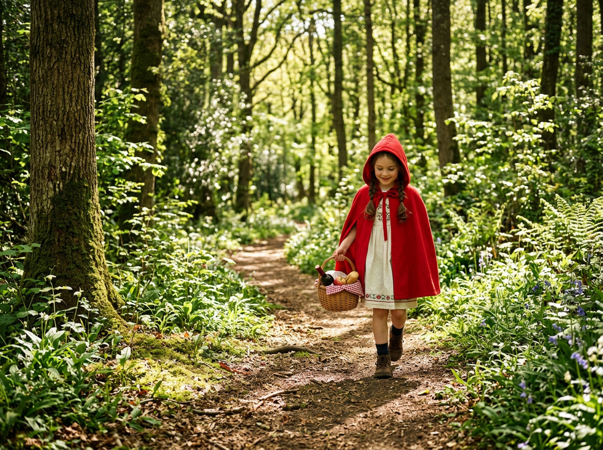 图中展现了一个充满童话色彩的森林场景。一位年约六七岁的小女孩正走在林间蜿蜒的小径上，她打扮成“小红帽”的模样，穿着一件鲜艳的大红色连帽斗篷，内搭白色刺绣连衣裙，梳着两条可爱的麻花辫。她右手提着一个精致的竹编野餐篮，篮子里露出了红酒瓶、苹果和面包。阳光穿过茂密的翠绿树叶，在地面上洒下斑驳的光影，营造出宁静而明亮的氛围。构图上，小女孩位于画面右侧中心，正向镜头方向走来，背景是深邃且富有层次感的绿色森林。

在 AI 生成的细节方面，存在一些明显的逻辑缺陷：小女孩提篮子的右手手指显得模糊且结构异常，与篮柄的衔接不够自然；她左侧的小腿线条在裙摆下方显得有些僵硬，且双脚落地的透视角度略显失真。此外，篮子里的红酒瓶形状不够规整，瓶颈处有轻微的扭曲。尽管如此，整幅画面的色彩饱和度高，光影效果非常迷人。