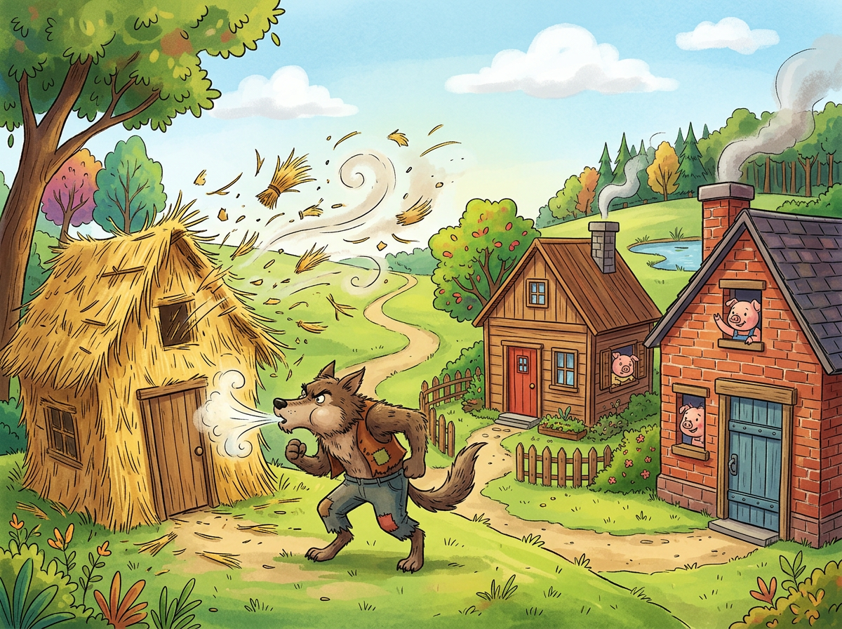 图中描绘了一个经典的《三只小猪》童话场景。画面左侧是一座正在被大风吹散的草屋，大量稻草在空中飞舞。一只拟人化的大灰狼站在草屋前，它穿着一件带补丁的棕色马甲和破旧的蓝色牛仔裤，正鼓起腮帮子用力吹气，口中吐出白色的气流。画面右侧依次排列着一座木屋和一座红砖房，三只粉色的小猪分别从这两座房子的窗户探头观察，表情各异。背景是绿油油的草地、蜿蜒的小路和远处的森林，天空明亮并点缀着几朵白云。

作为 AI 生成的图像，画面存在一些逻辑和细节缺陷：大灰狼吹出的气流方向与草屋顶端稻草飞散的方向并不完全一致，透视略显违和；木屋和砖房的烟囱冒出的烟雾形状较为生硬；最右侧砖房窗户里的小猪手部线条模糊，且砖墙的纹理在窗框边缘处处理得不够自然。此外，大灰狼的脚部与地面的接触感略显漂浮。