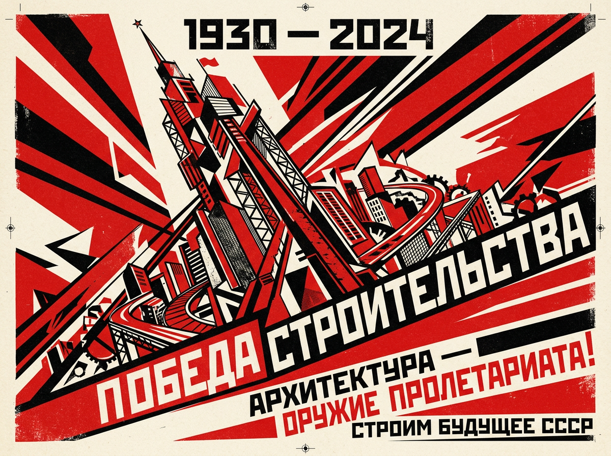 图中展示了一幅模仿苏联建构主义风格的海报，整体配色由鲜艳的红、深邃的黑和复古的米白色组成。画面中心是一座极具几何感的摩天大楼，伴随着交错的立交桥、齿轮和工厂建筑，呈现出强烈的工业化气息。背景由放射状的红色色块组成，营造出一种向上的动感。画面上方印有数字“1930 – 2024”，下方则堆叠着多行俄语文字。

作为 AI 生成的图像，画面存在明显的逻辑缺陷：首先，文字部分虽然看起来像俄语，但部分字母结构扭曲，且语法和拼写存在拼凑感，并非真实的宣传语。其次，建筑物的透视关系非常混乱，立交桥在空间中无理地穿插并消失，左侧的塔楼结构在细节处显得支离破碎，缺乏实际的物理支撑逻辑。此外，边缘的裁切标记（十字线）分布不均，显示出一种对印刷工艺的拙劣模仿。