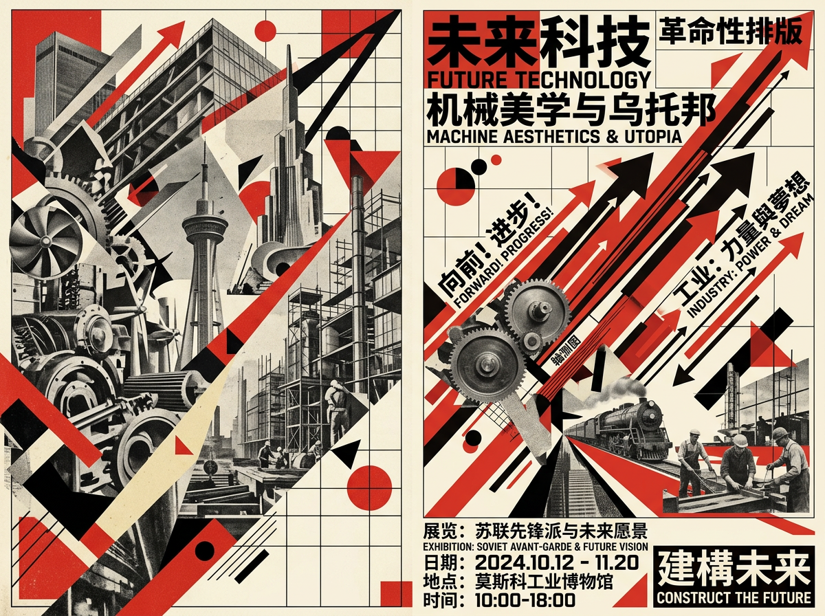 画面中展示了一张充满苏联构成主义风格的艺术海报，采用了红、黑、白三色设计，极具视觉冲击力。海报分为左右两部分，左侧是由齿轮、工厂支架、高耸的电视塔和摩天大楼组成的拼贴画，展现了宏大的工业景观；右侧则包含大量斜向上的箭头、几何圆点以及蒸汽火车和工人的形象，传达出一种向前的力量感。画面中分布着大量中英文对照的文字，如“未来科技”、“机械美学与乌托邦”等，字体粗犷有力。作为 AI 生成的图片，画面存在明显的逻辑缺陷：左侧建筑物的透视关系错乱，部分钢架结构在空间中无法闭合；右侧工人的手部线条模糊，且其操作的工具与铁轨的衔接十分生硬；此外，部分装饰性的网格线在交汇处出现了不自然的断裂和偏移，体现了 AI 在处理复杂几何排版时的局限。