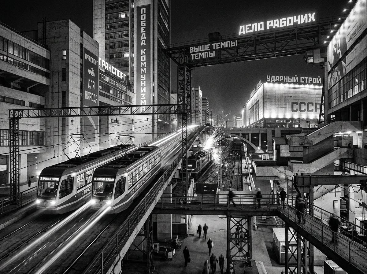 图中展现了一幅充满苏俄工业美学风格的黑白夜景。画面中心是两辆并排疾驰在架空轨道上的现代有轨电车，车灯拉出长长的白色光轨，轨道下方是穿行的人群和错综复杂的钢结构天桥。背景由高耸的粗野主义建筑群构成，楼体上挂满了巨大的西里尔字母标语和「CCSR」字样。整体色调为深沉的黑白对比，光影强烈，营造出一种复古未来主义的压抑与宏大感。

在 AI 生成的细节方面存在多处逻辑缺陷：首先，左侧两辆电车的受电弓与上方电缆的连接方式显得杂乱且不符合物理结构，电缆线在空中无规律交织；其次，画面右侧建筑上的文字虽然看起来像俄语，但部分字母组合并不符合实际语言逻辑，属于典型的 AI 伪造文字；此外，中景处铁轨上莫名的火花喷溅缺乏明确来源，且右侧楼梯与平台的衔接透视略显生硬，部分行人的身影在光影中显得模糊且比例不一。