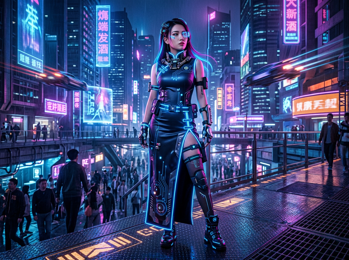 图中展现了一个充满赛博朋克风格的未来都市夜景。画面中央站立着一位面容精致的年轻女性，她穿着一件融合了旗袍元素的黑色科技感长裙，裙摆处有发光的蓝色电路纹路和高开叉设计。她佩戴着发光的单片眼镜和科技项圈，长发在霓虹灯映照下泛着蓝光。背景是层叠的摩天大楼，挂满了蓝、紫、粉色的中文霓虹灯牌，空中还有模糊的飞行器划过光影。街道上人头攒动，构图采用深远景透视，营造出繁华而冷峻的科幻氛围。

在 AI 生成的细节方面，存在明显的逻辑缺陷：画面中的中文招牌文字大多是无意义的乱码或笔画错误的错别字，例如“煽端发酒”等。女性角色的右手手指显得僵硬且比例略显不自然。此外，背景中远处的行人身体轮廓较为模糊，部分肢体与环境融合，且地面上的黄色指示标志也呈现出不规则的扭曲。