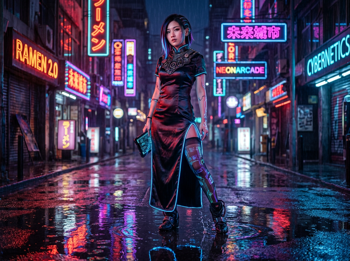 图中展现了一个充满赛博朋克风格的雨夜街头场景。一位年轻女性站在画面中央，她留着深色短发，身穿一件融合了科技元素的黑色改良旗袍，边缘闪烁着蓝色的霓虹光条。她的一条腿迈出，露出带有发光电路纹理的长筒袜。背景是狭窄的都市街道，两侧布满了繁体中文和英文的霓虹灯牌，如“未来城市”、“RAMEN 2.0”等，五彩斑斓的灯光倒映在湿漉漉的地面水洼中，营造出一种潮湿且迷幻的氛围。

在 AI 生成细节方面，画面存在一些明显的逻辑缺陷：女性右手拿着的平板电脑边缘模糊，且手指与设备的接触位置显得生硬、不自然。背景中的部分文字虽然清晰，但有些招牌上的字体结构略显诡异，不符合常规书写逻辑。此外，人物左臂上的发光纹路与皮肤的融合度欠佳，看起来像是悬浮在手臂表面的贴图，而非真实的身体植入物。